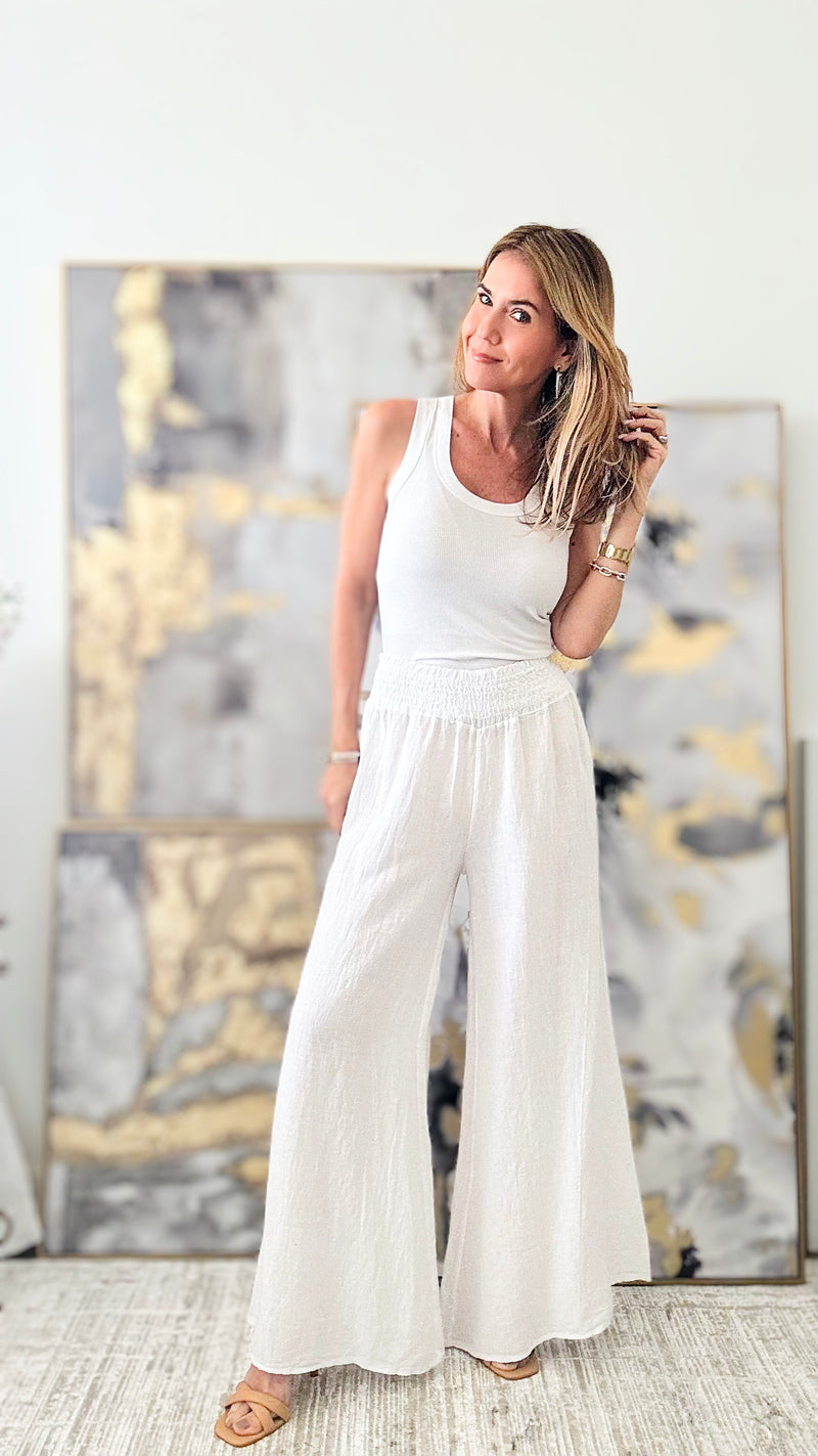 Born Free Linen Italian Palazzo - White-170 Bottoms-Italianissimo-Coastal Bloom Boutique, find the trendiest versions of the popular styles and looks Located in Indialantic, FL