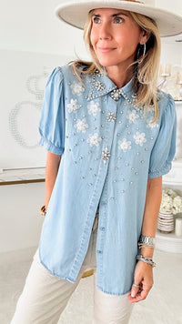 Not So Casual Flowers & Marquise Embellished Blouse-110 Short Sleeve Tops-LA' ROS-Coastal Bloom Boutique, find the trendiest versions of the popular styles and looks Located in Indialantic, FL