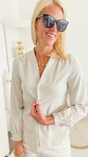 Crepe V-Neck Italian Blouse - Beige-130 Long Sleeve Tops-Venti6 Outlet-Coastal Bloom Boutique, find the trendiest versions of the popular styles and looks Located in Indialantic, FL