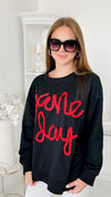 Metallic Game Day Sweatshirt - Black/Red-130 Long Sleeve Tops-BIBI-Coastal Bloom Boutique, find the trendiest versions of the popular styles and looks Located in Indialantic, FL
