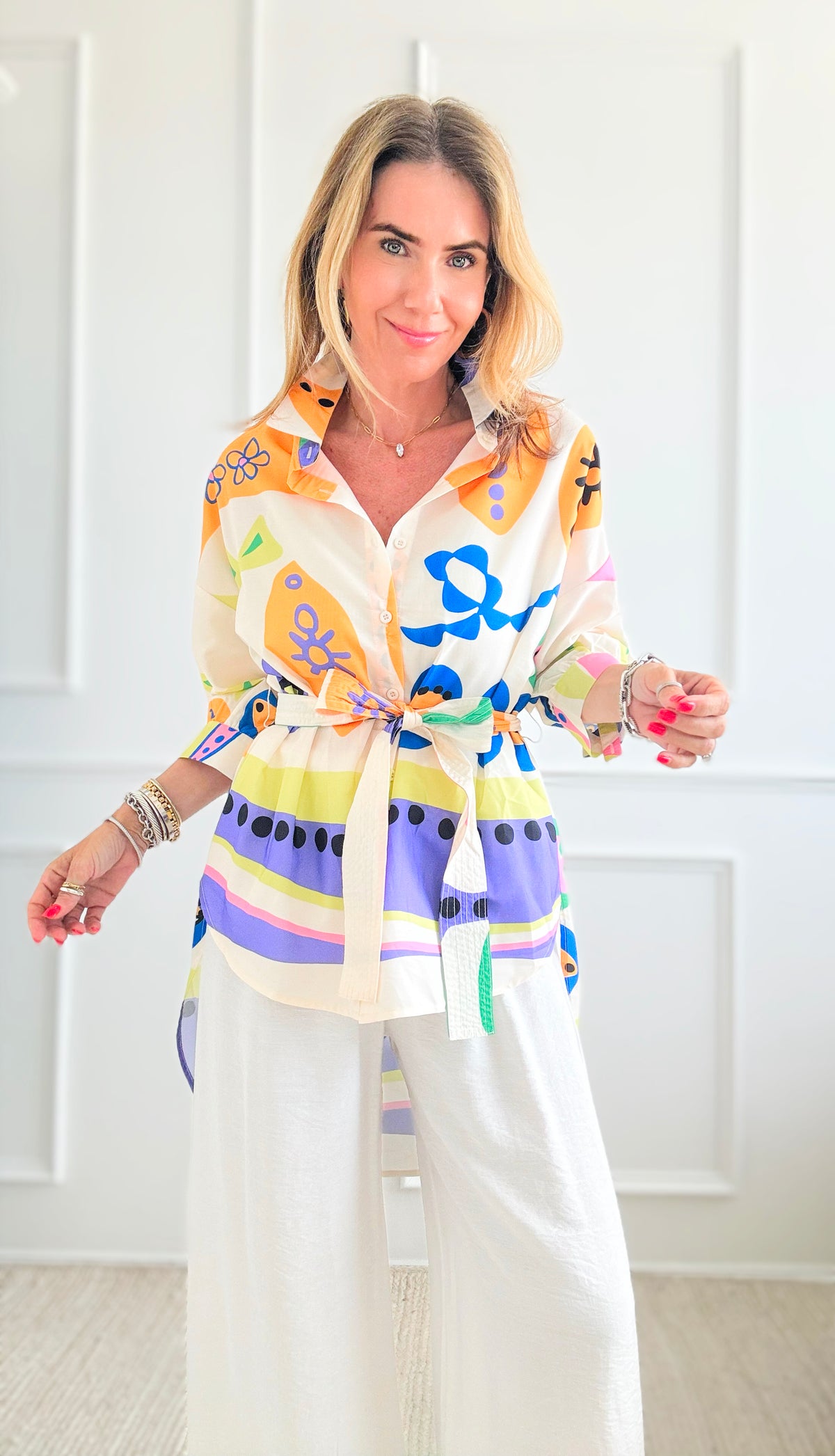 Belted Print Button Down Blouse- Cream-110 Short Sleeve Tops-PASTEL DESIGN-Coastal Bloom Boutique, find the trendiest versions of the popular styles and looks Located in Indialantic, FL