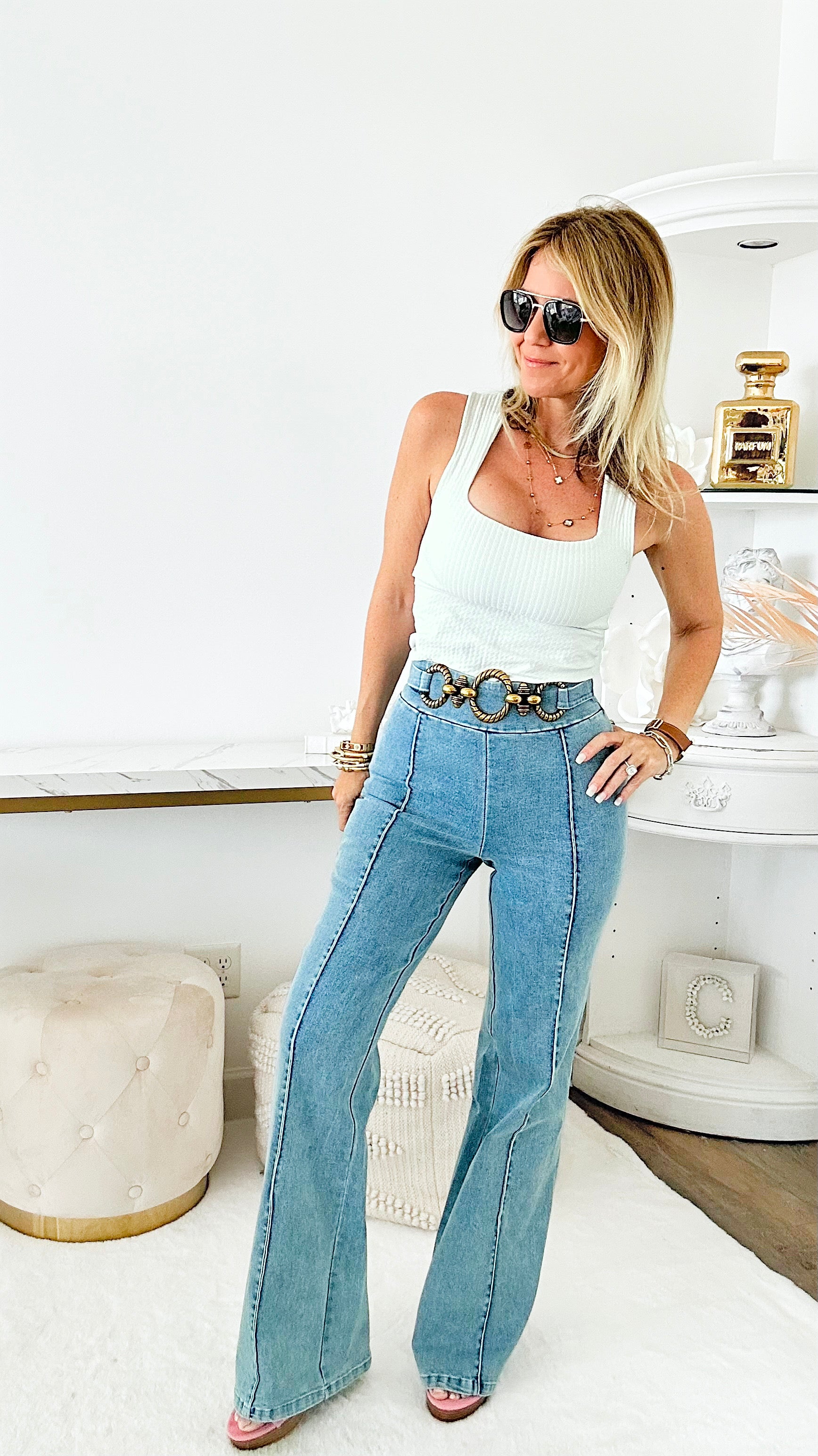 Stretch Denim Buckle Pant - Light Blue-170 Bottoms-VALENTINE-Coastal Bloom Boutique, find the trendiest versions of the popular styles and looks Located in Indialantic, FL