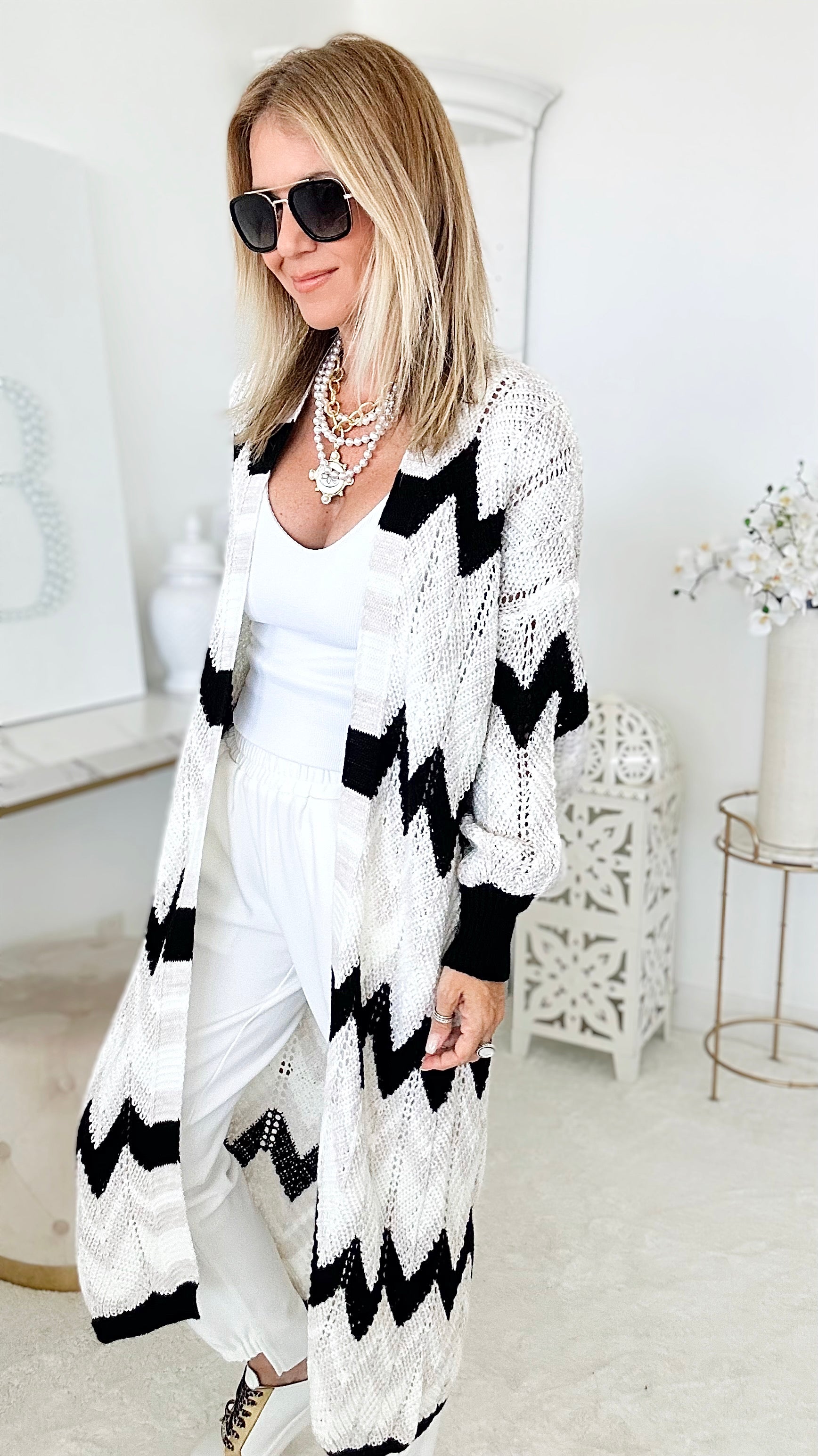 Chevron Italian Long Knit Cardigan - Black – Coastal Bloom