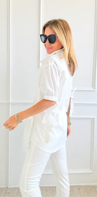 Bow Applique Buttoned Down Blouse -White-110 Short Sleeve Tops-JJ'S FAIRYLAND-Coastal Bloom Boutique, find the trendiest versions of the popular styles and looks Located in Indialantic, FL