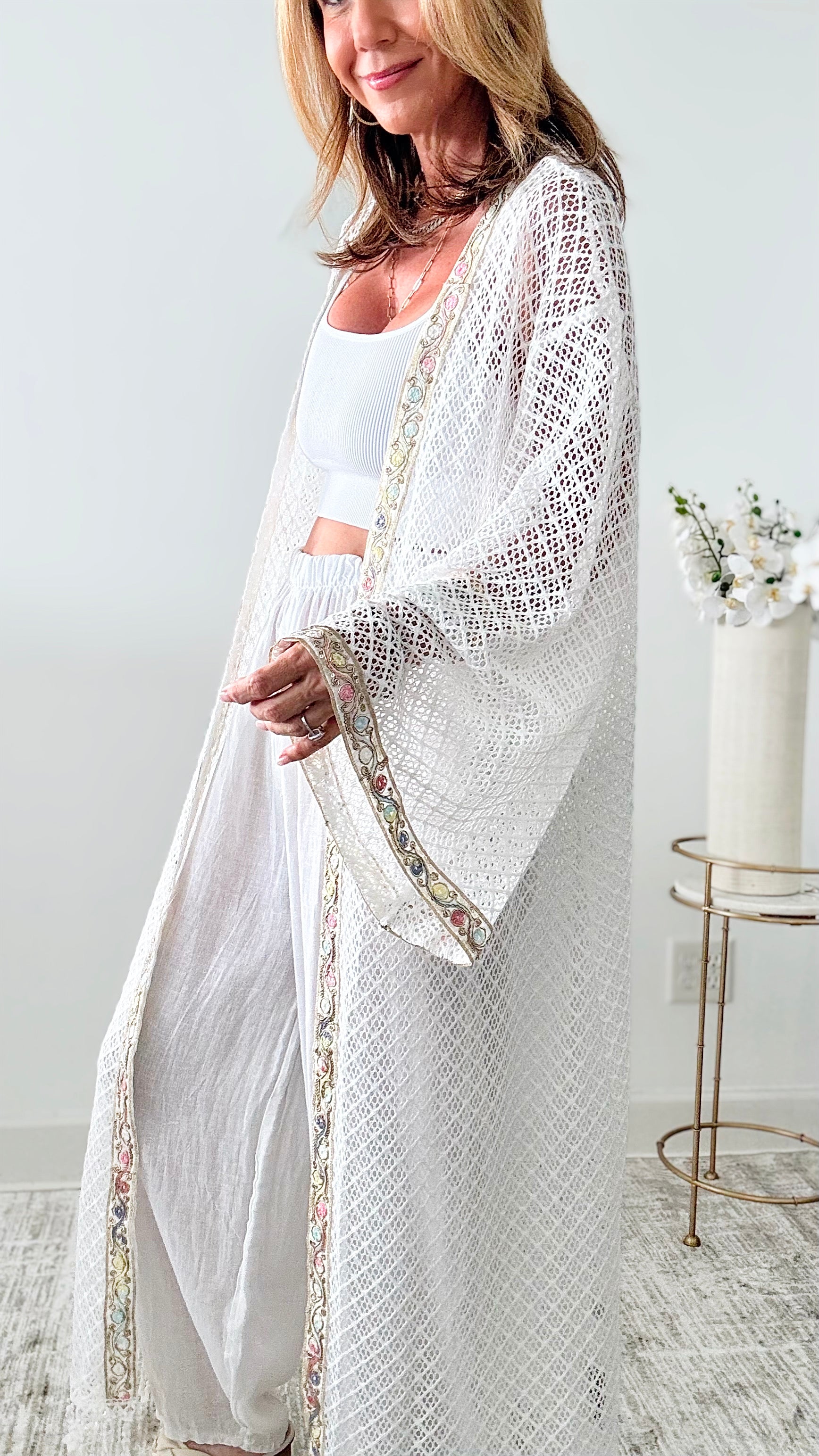 Open Embellished Knit Long Kimono - White-150 Cardigan Layers-original usa-Coastal Bloom Boutique, find the trendiest versions of the popular styles and looks Located in Indialantic, FL