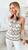 High Neck Italian Chevron Knit - Gold/White-100 Sleeveless Tops-Yolly-Coastal Bloom Boutique, find the trendiest versions of the popular styles and looks Located in Indialantic, FL