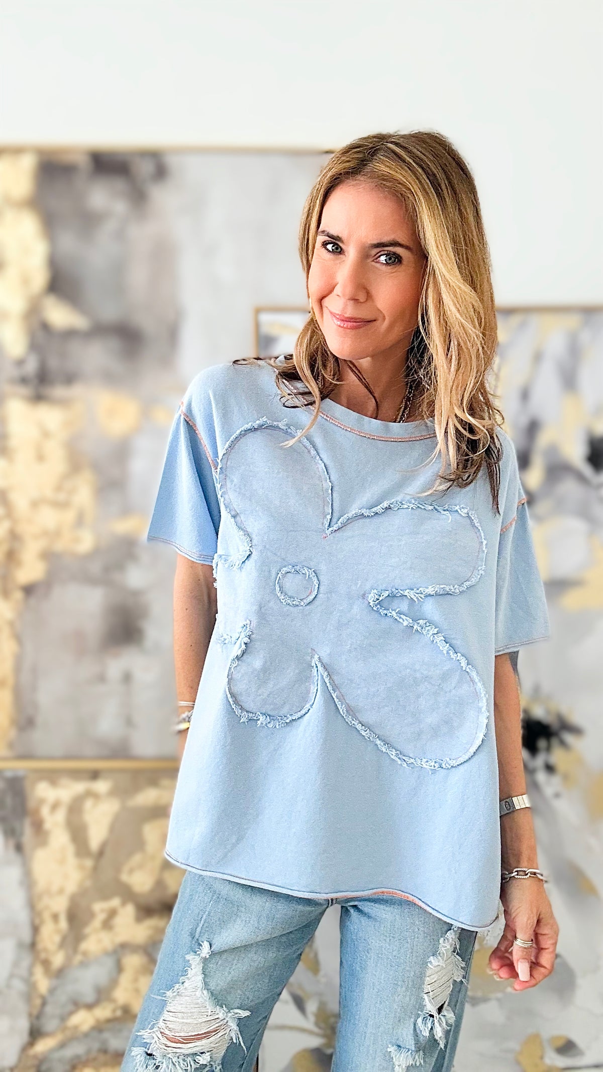 Denim Flower Italian Pullover-110 Short Sleeve Tops-Italianissimo-Coastal Bloom Boutique, find the trendiest versions of the popular styles and looks Located in Indialantic, FL
