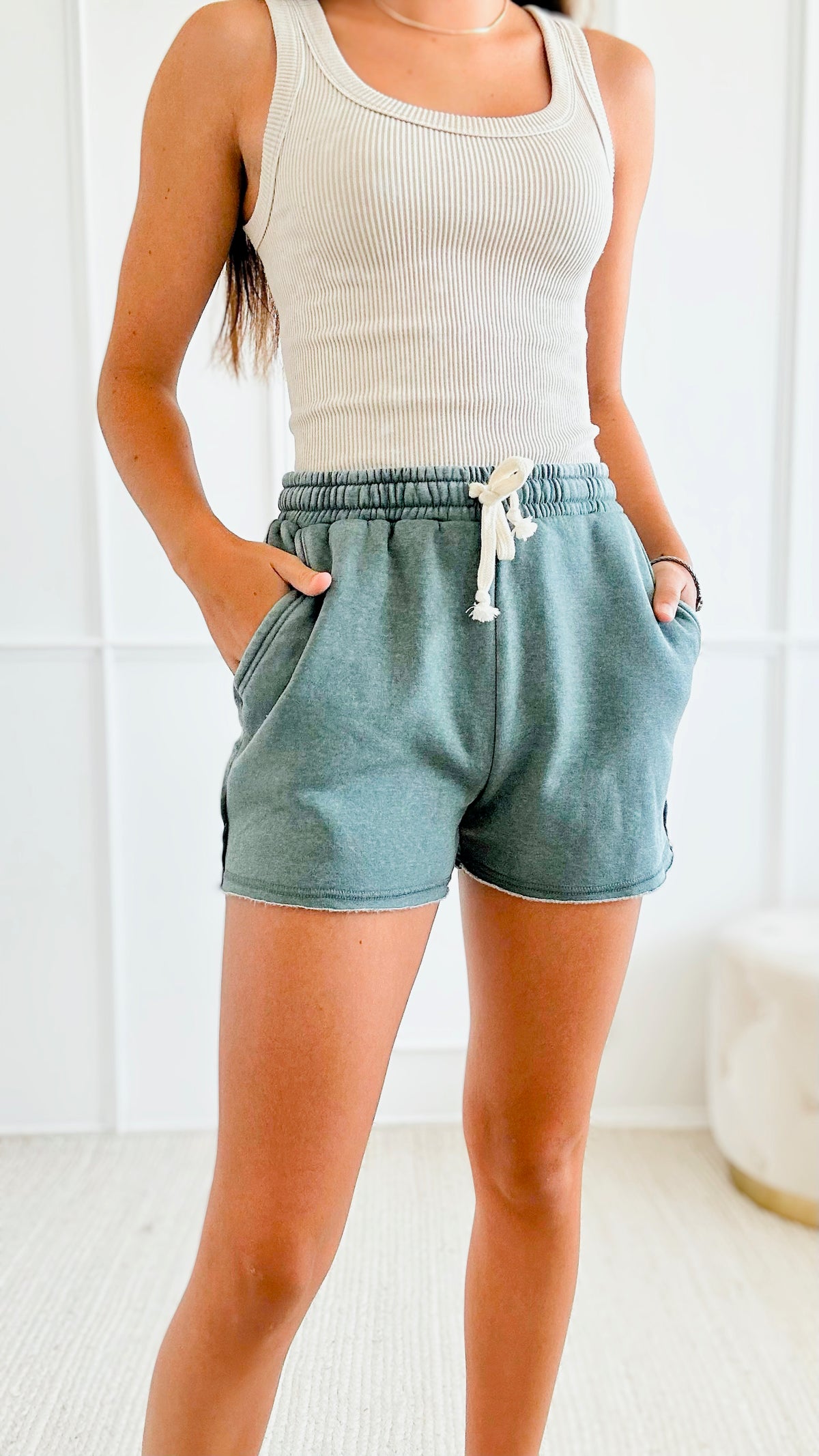 Banded Waist Shorts - Sage-170 Bottoms/Shorts-HYFVE-Coastal Bloom Boutique, find the trendiest versions of the popular styles and looks Located in Indialantic, FL