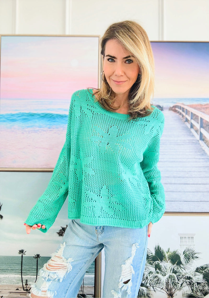 Flower Lightweight Knit Sweater - Green DAMAGED-140 Sweaters-Miracle-Coastal Bloom Boutique, find the trendiest versions of the popular styles and looks Located in Indialantic, FL