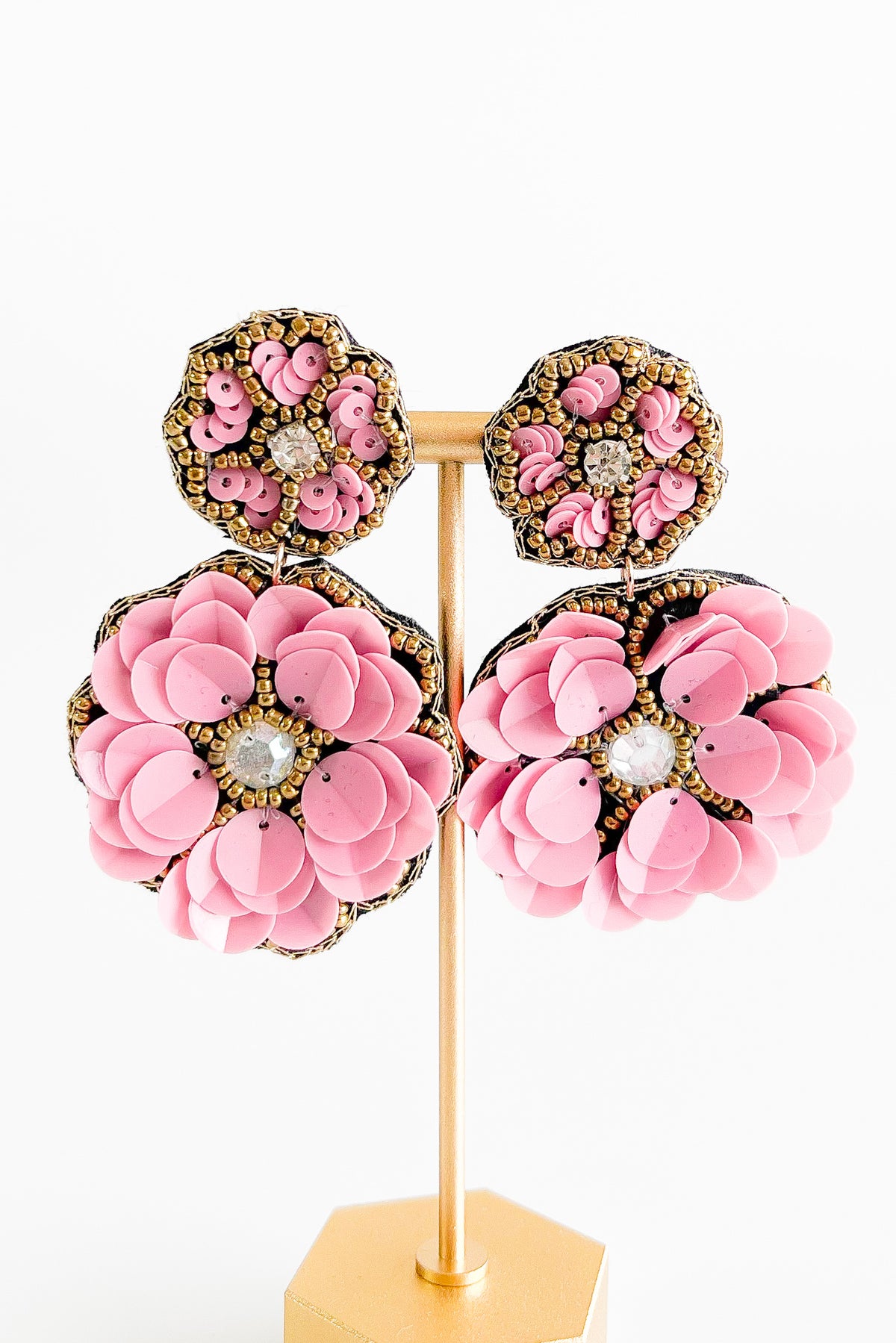 Double Flower CZ Dangle Earrings - Pink-230 Jewelry-Wona-Coastal Bloom Boutique, find the trendiest versions of the popular styles and looks Located in Indialantic, FL