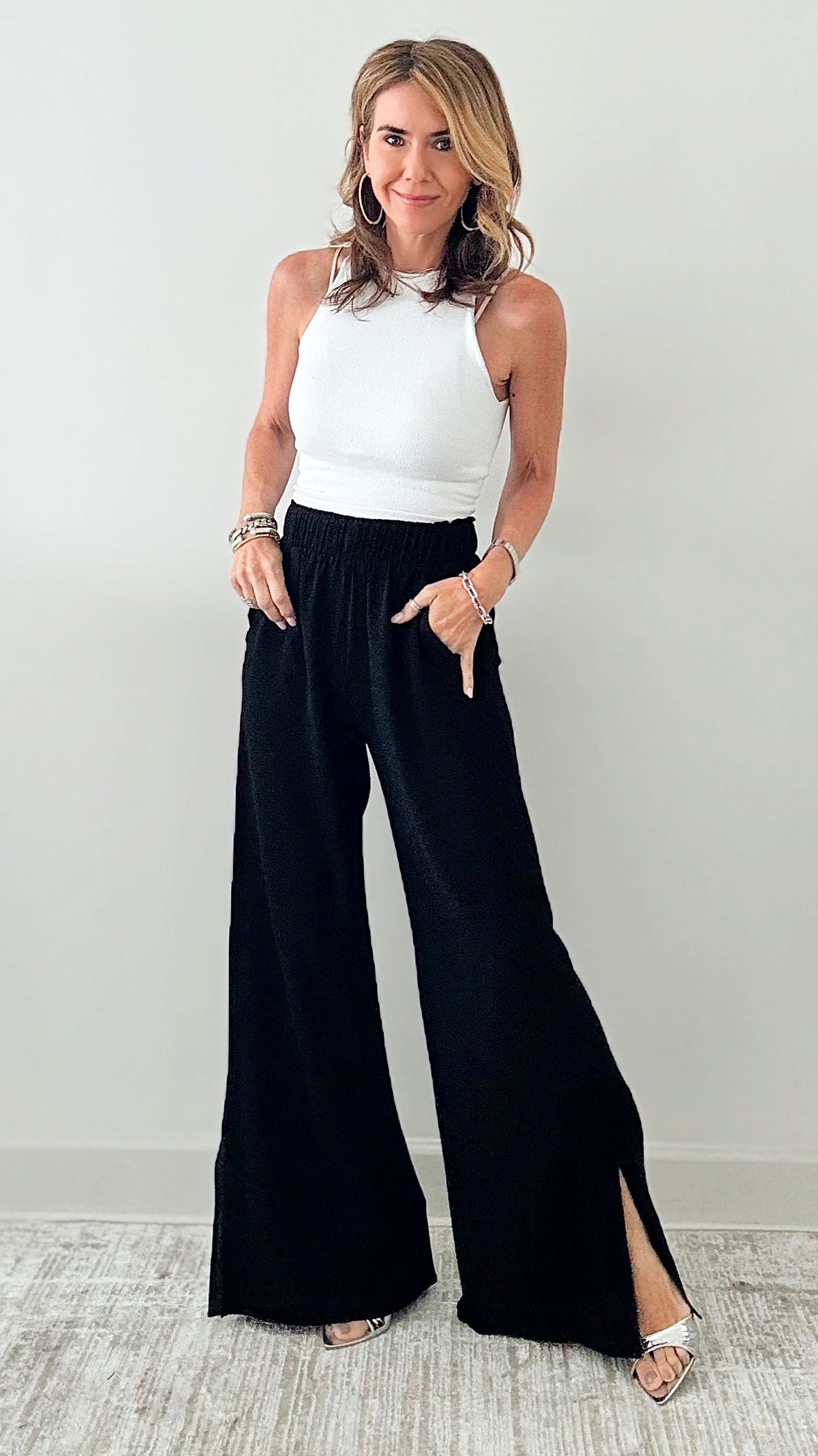 Side Slit Wide Leg Pants - Black-170 Bottoms-TYCHE-Coastal Bloom Boutique, find the trendiest versions of the popular styles and looks Located in Indialantic, FL