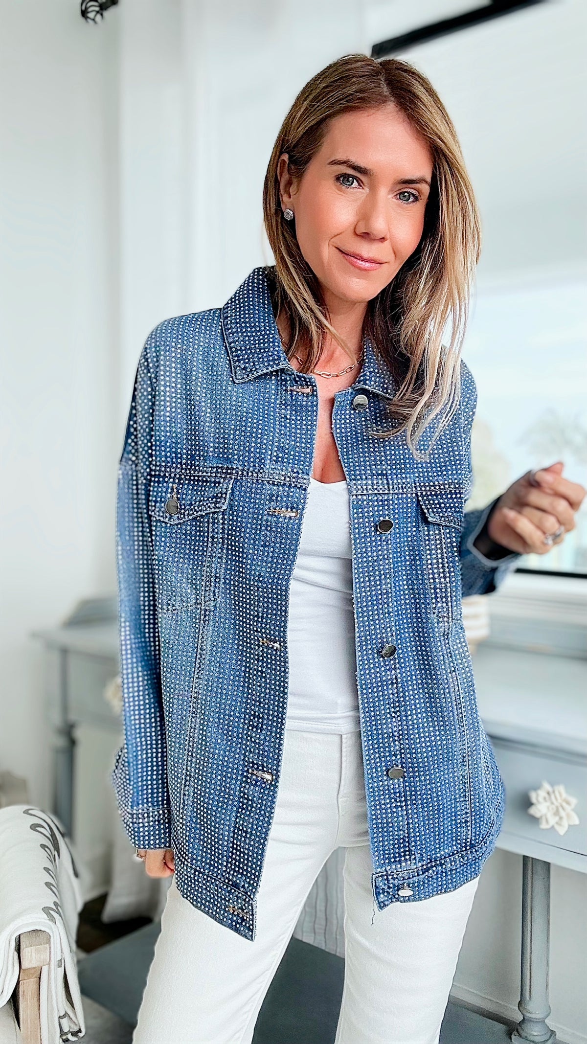 Iconic Rhinestone Denim Jacket-Dark Blue-160 Jackets-JJ's Fairyland-Coastal Bloom Boutique, find the trendiest versions of the popular styles and looks Located in Indialantic, FL