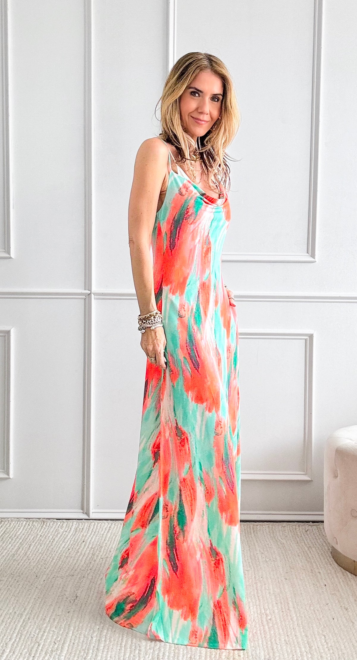 Abstract Jersey Slip Maxi Dress-Orange Multi-200 Dresses/Jumpsuits/Rompers-HYFVE-Coastal Bloom Boutique, find the trendiest versions of the popular styles and looks Located in Indialantic, FL