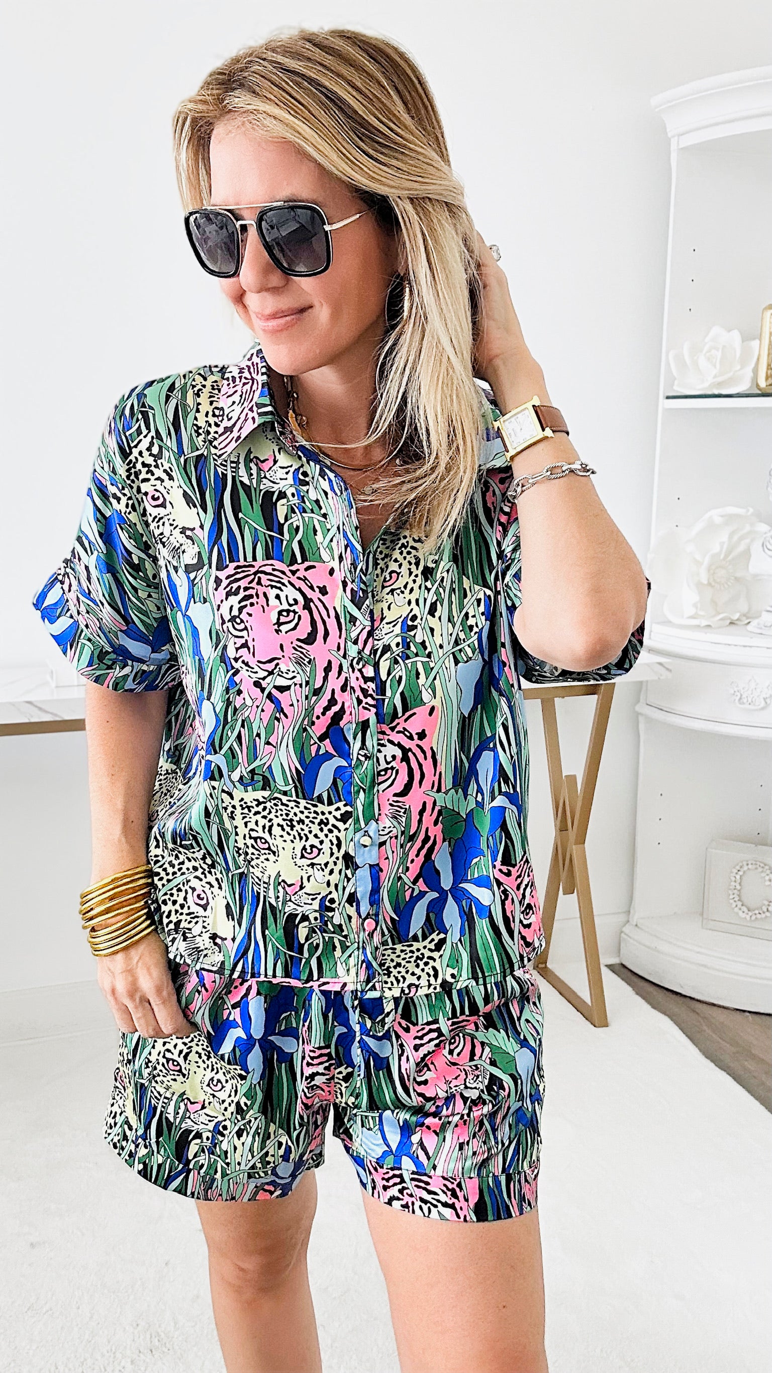 Jungle Satin Short Sleeves Set-210 Loungewear/sets-JODIFL-Coastal Bloom Boutique, find the trendiest versions of the popular styles and looks Located in Indialantic, FL