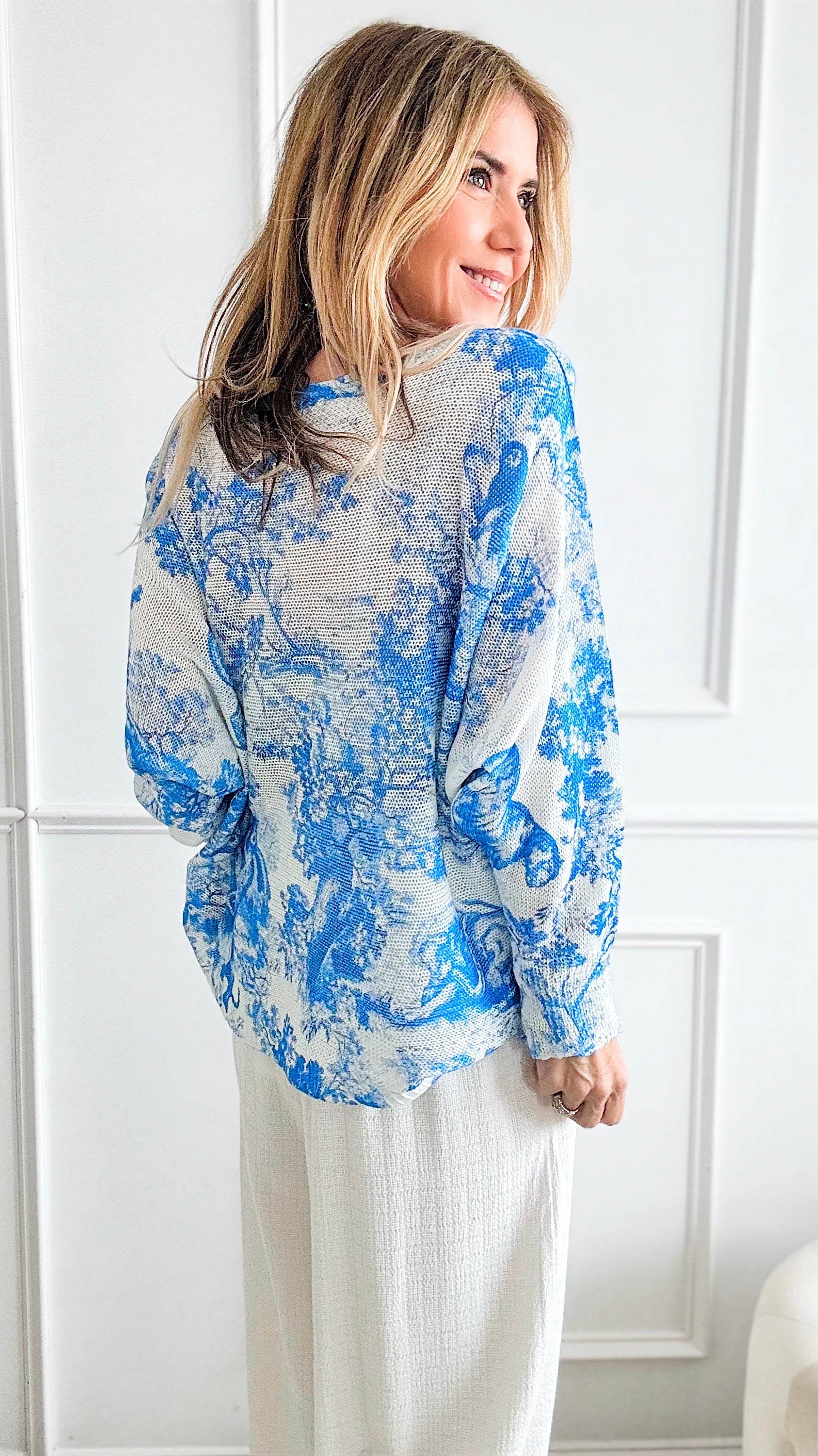 Adorable Toile Italian St Tropez Knit - French Blue-140 Sweaters-Italianissimo-Coastal Bloom Boutique, find the trendiest versions of the popular styles and looks Located in Indialantic, FL