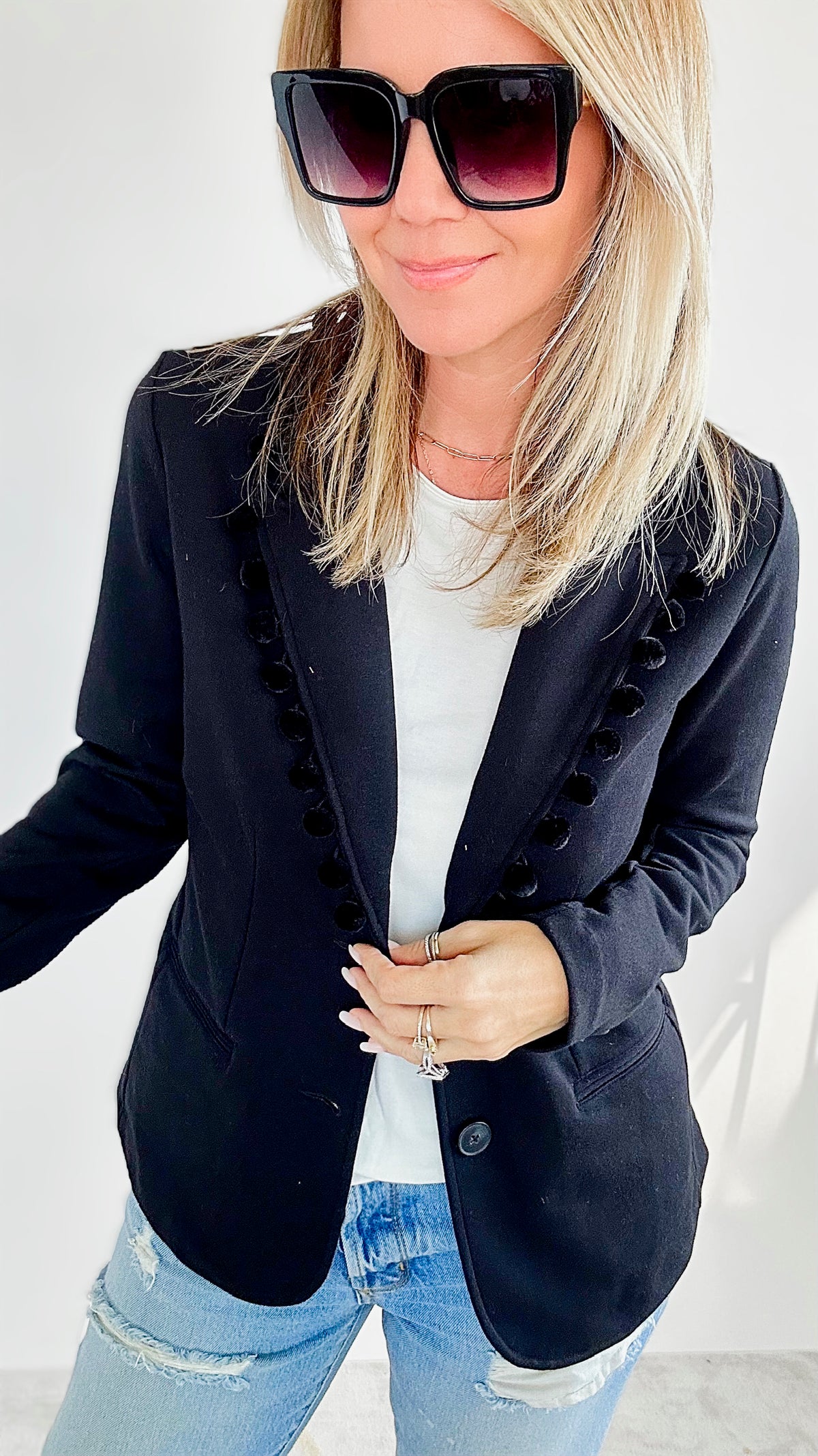 Pom Pom Blazer - Black-160 Jackets-Pearly Vine-Coastal Bloom Boutique, find the trendiest versions of the popular styles and looks Located in Indialantic, FL