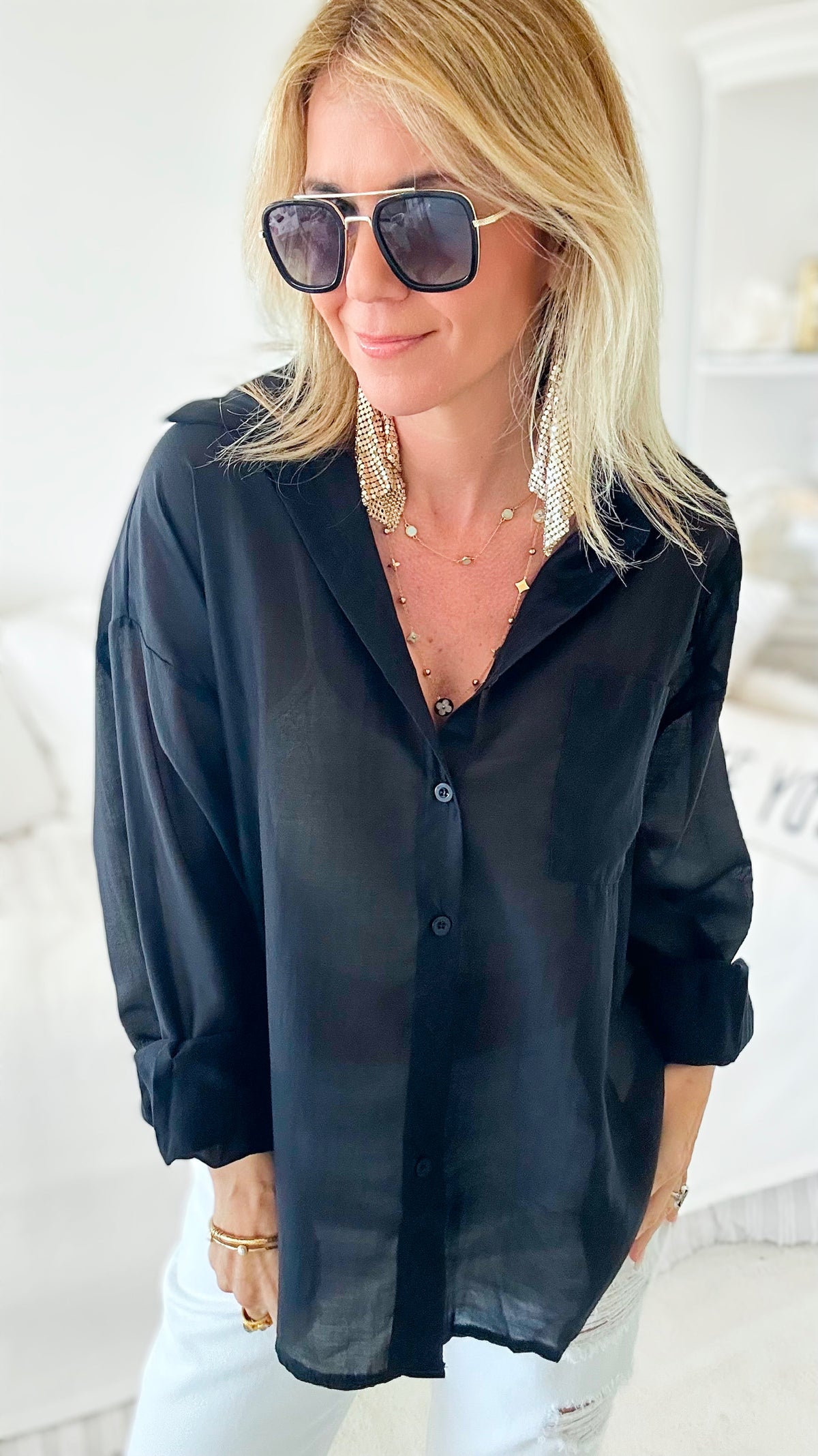 Empowered Italian Button Up Blouse - Black-130 Long Sleeve Tops-Yolly-Coastal Bloom Boutique, find the trendiest versions of the popular styles and looks Located in Indialantic, FL