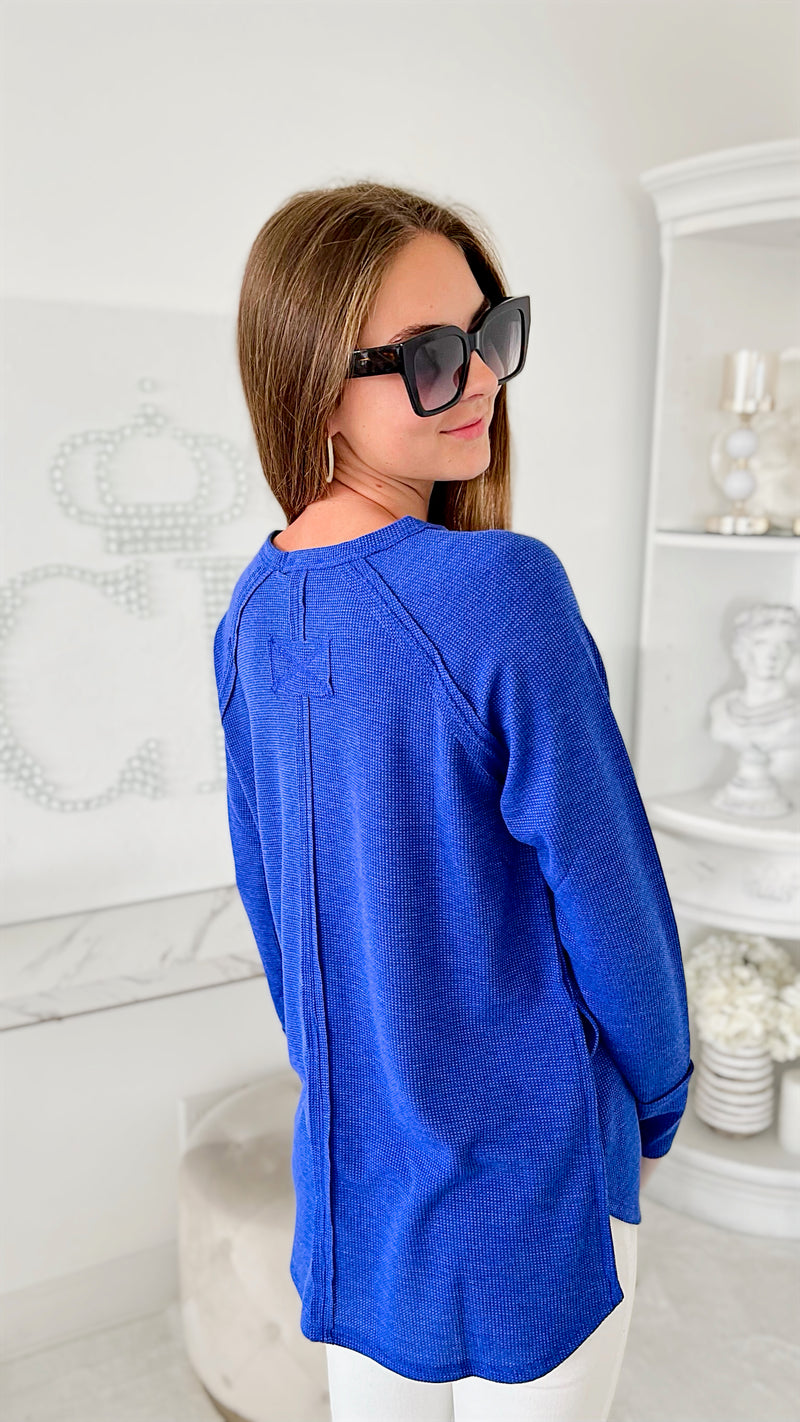 Easy Days Waffle Long Sleeve Top - Bright Blue-130 Long Sleeve Tops-Zenana-Coastal Bloom Boutique, find the trendiest versions of the popular styles and looks Located in Indialantic, FL