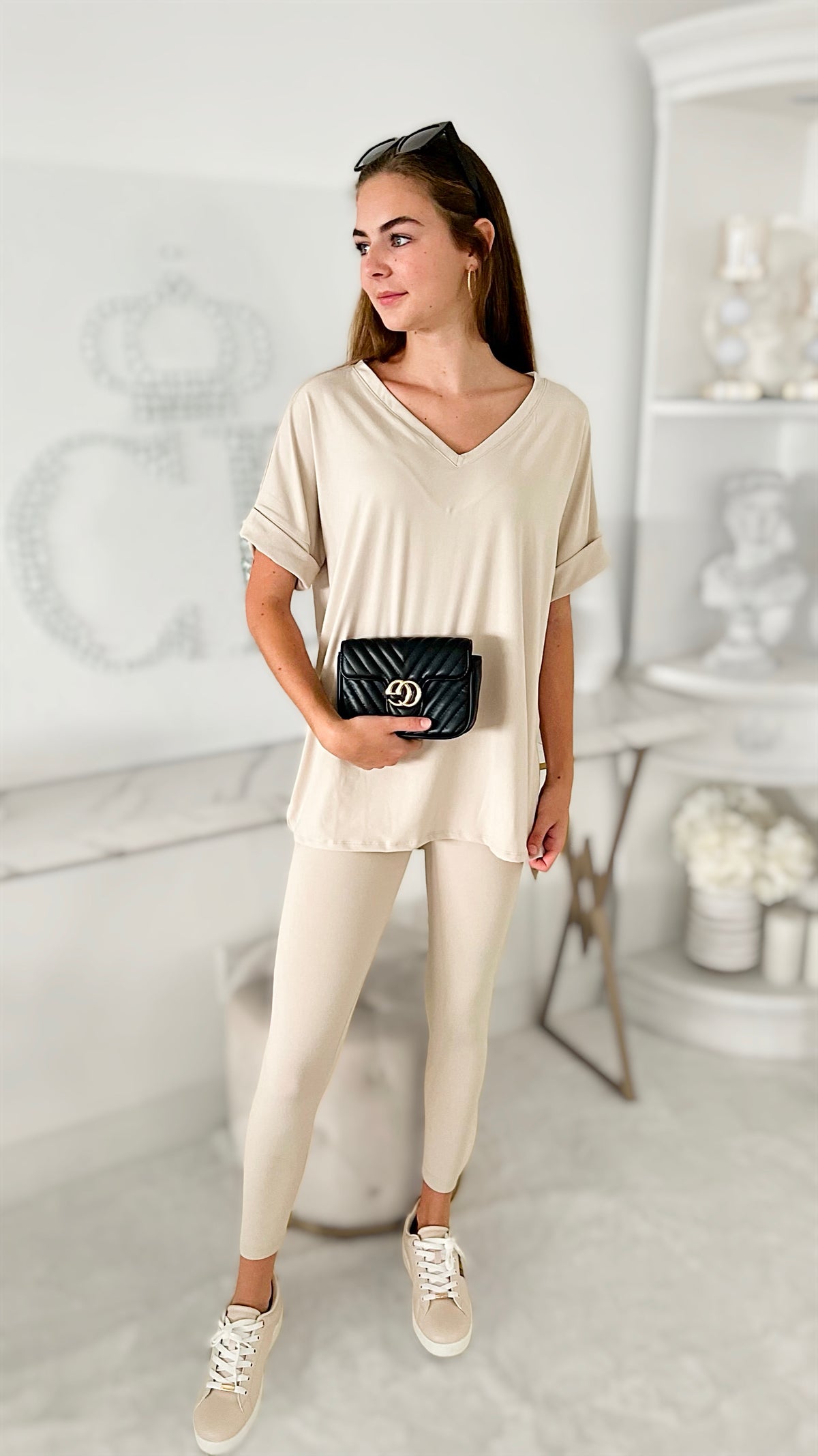 Short Sleeve Brushed Microfiber Lounge Set- Sand Beige-210 Loungewear/Sets-Zenana-Coastal Bloom Boutique, find the trendiest versions of the popular styles and looks Located in Indialantic, FL