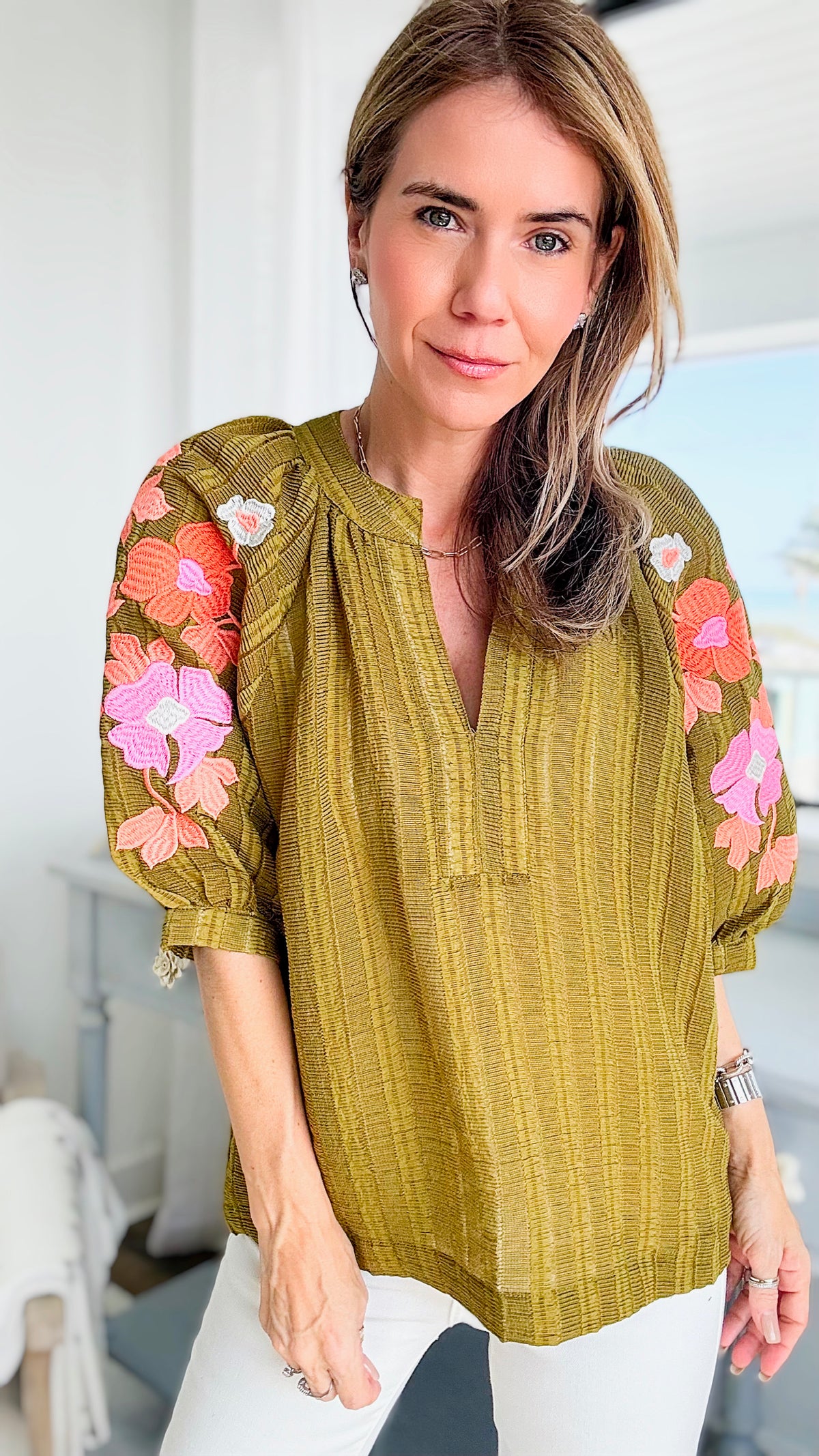 Flower Embroidered Puff Sleeve Textured Blouse-110 Short Sleeve Tops-THML-Coastal Bloom Boutique, find the trendiest versions of the popular styles and looks Located in Indialantic, FL
