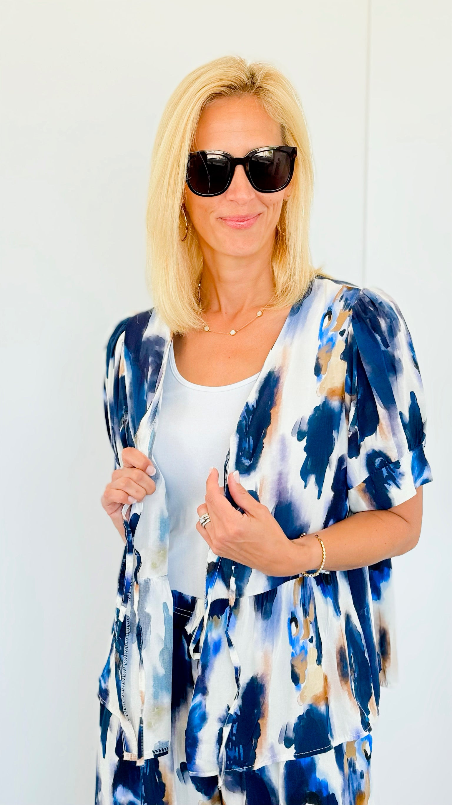 Mystic Watercolor Italian Tie Front Jacket - Navy-160 Jackets-Italianissimo-Coastal Bloom Boutique, find the trendiest versions of the popular styles and looks Located in Indialantic, FL