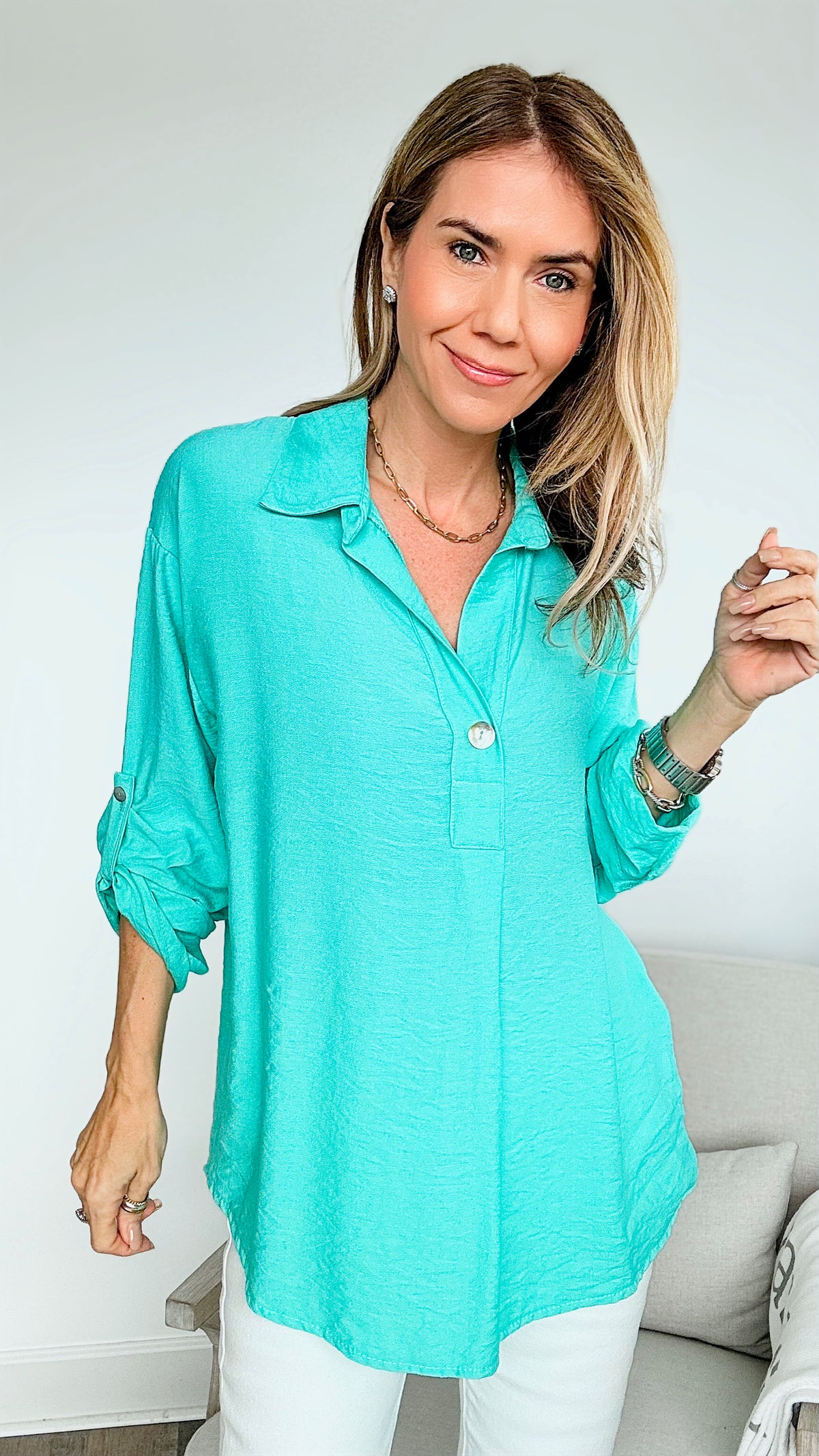 Italian Tunic 3/4 Sleeve Blouse - Aqua-100 Sleeveless Tops-Germany-Coastal Bloom Boutique, find the trendiest versions of the popular styles and looks Located in Indialantic, FL