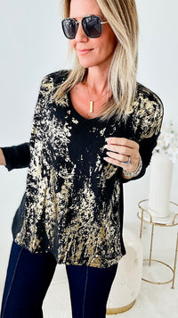 Gold Foil V-Neck Italian Sweater - Black-140 Sweaters-Look Mode-Coastal Bloom Boutique, find the trendiest versions of the popular styles and looks Located in Indialantic, FL