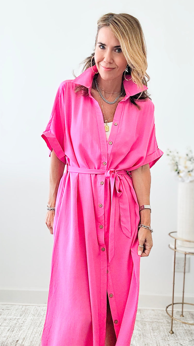 Button-Up Belted Dress - Pink-200 Dresses/Jumpsuits/Rompers-original usa-Coastal Bloom Boutique, find the trendiest versions of the popular styles and looks Located in Indialantic, FL