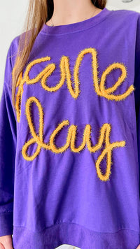 Metallic Game Day Sweatshirt - Purple/Gold-130 Long Sleeve Tops-BIBI-Coastal Bloom Boutique, find the trendiest versions of the popular styles and looks Located in Indialantic, FL