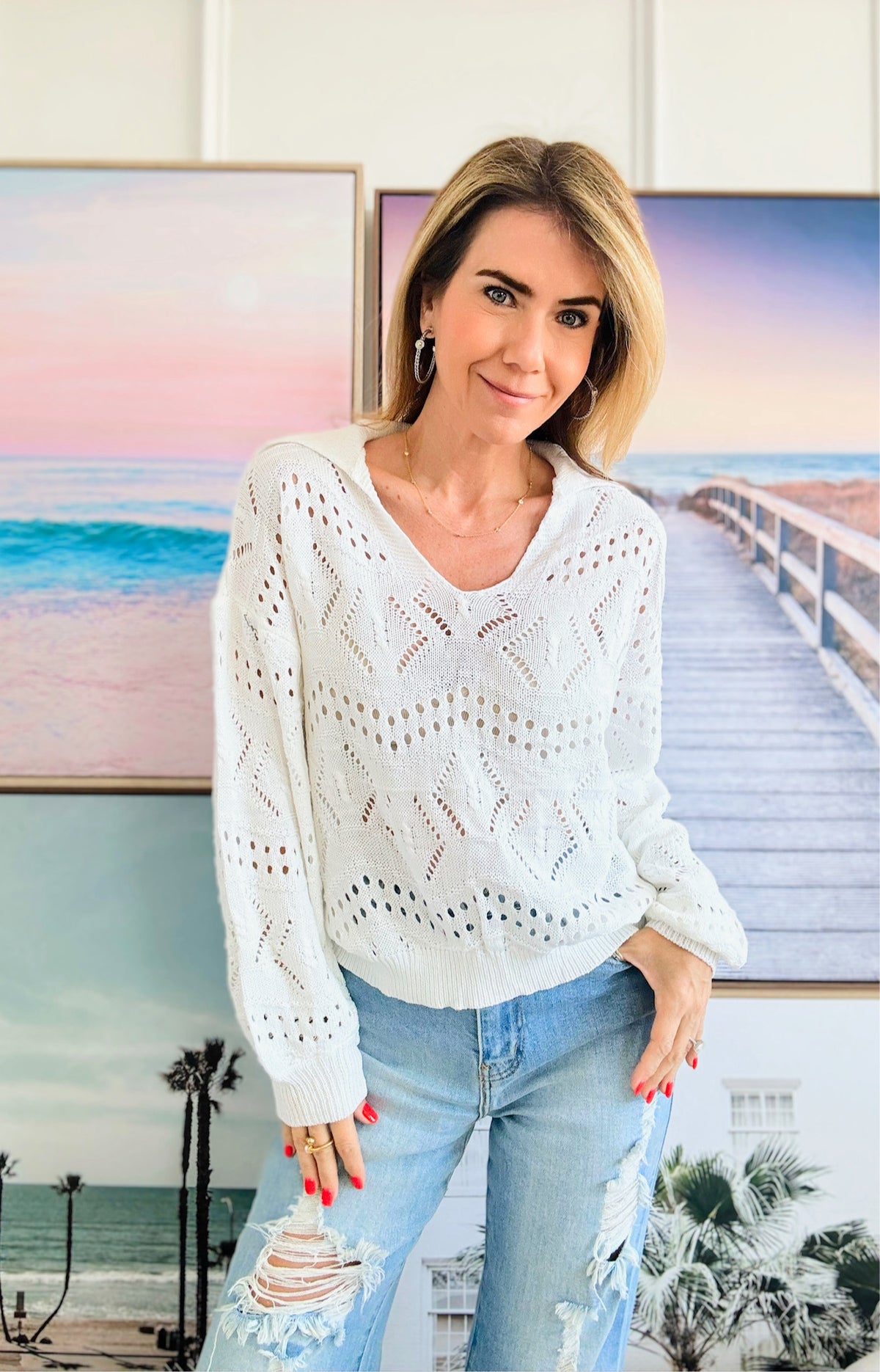 V-Neck Crochet Knit Sweater - Off White-140 Sweaters-Miracle-Coastal Bloom Boutique, find the trendiest versions of the popular styles and looks Located in Indialantic, FL