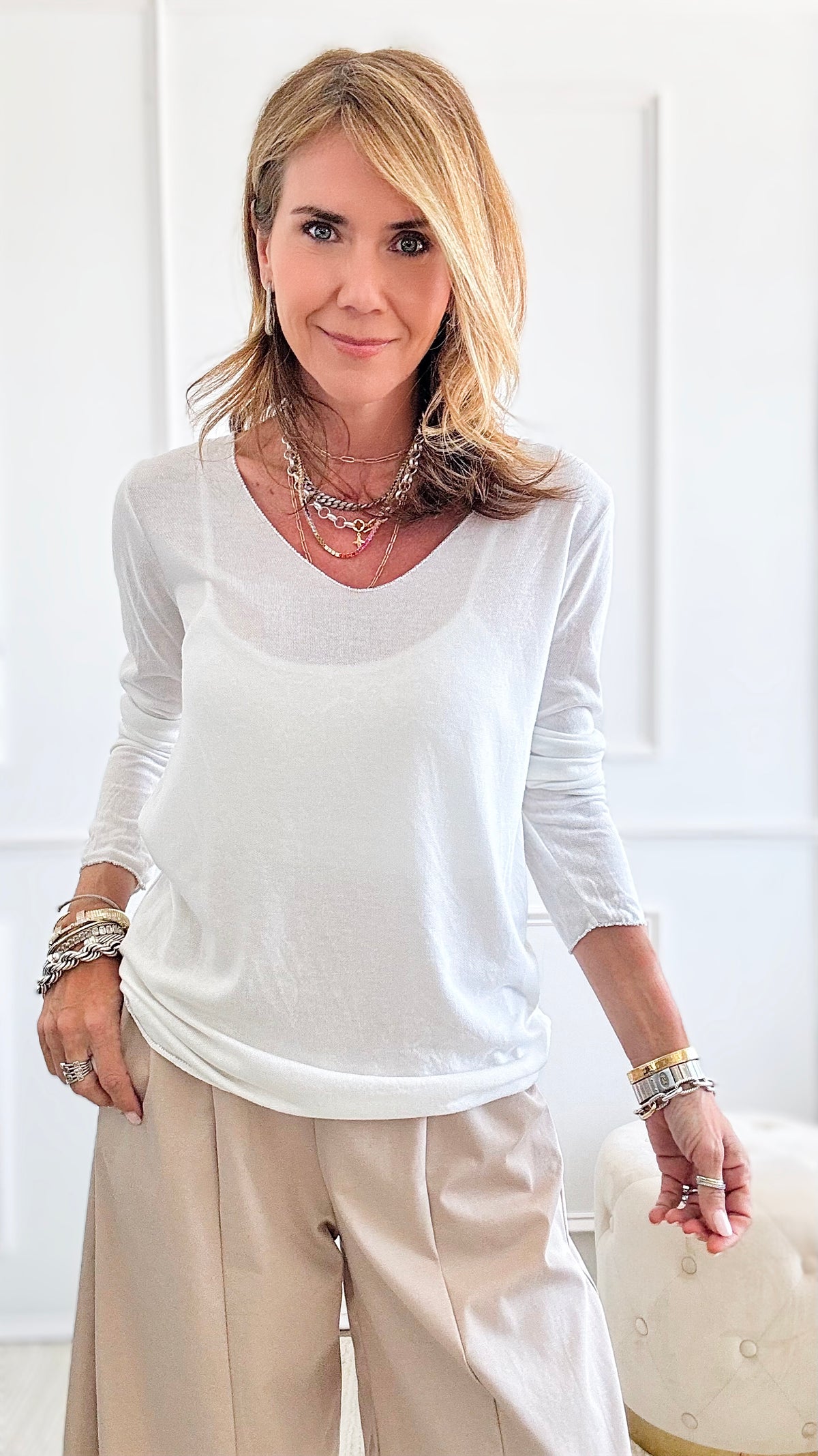 Recoleta Lurex Trim Italian Top - White-130 Long Sleeve Tops-Italianissimo-Coastal Bloom Boutique, find the trendiest versions of the popular styles and looks Located in Indialantic, FL