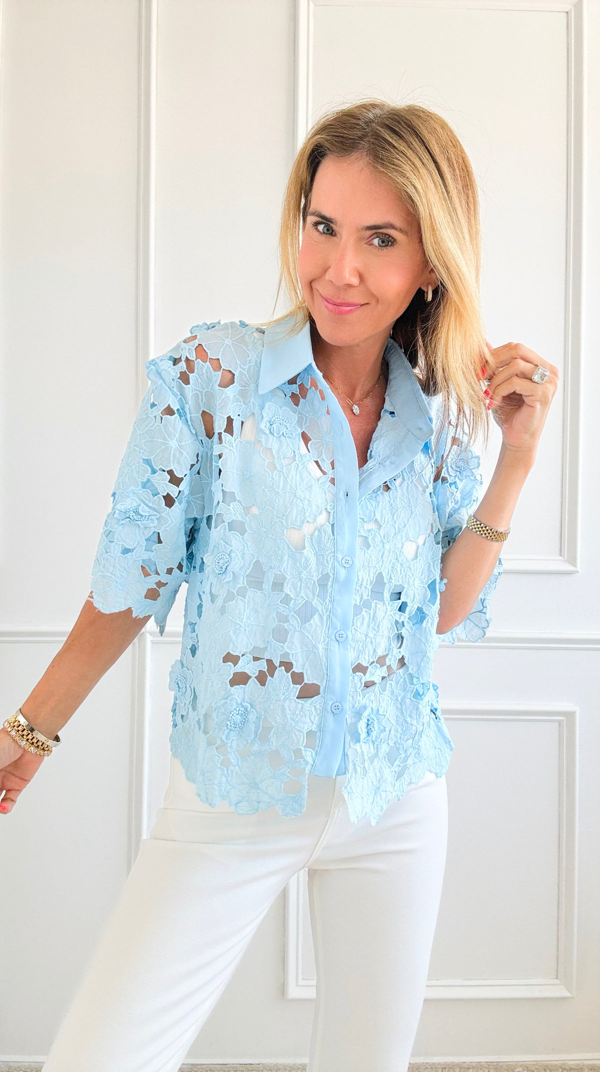 Crochet Floral Blouse Top- Ice Blue-110 Short Sleeve Tops-Rousseau-Coastal Bloom Boutique, find the trendiest versions of the popular styles and looks Located in Indialantic, FL