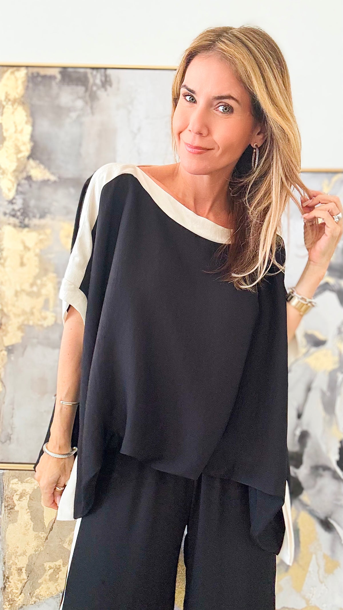 Contrast Band Blouse Top - Black-130 Long Sleeve Tops-TYCHE-Coastal Bloom Boutique, find the trendiest versions of the popular styles and looks Located in Indialantic, FL