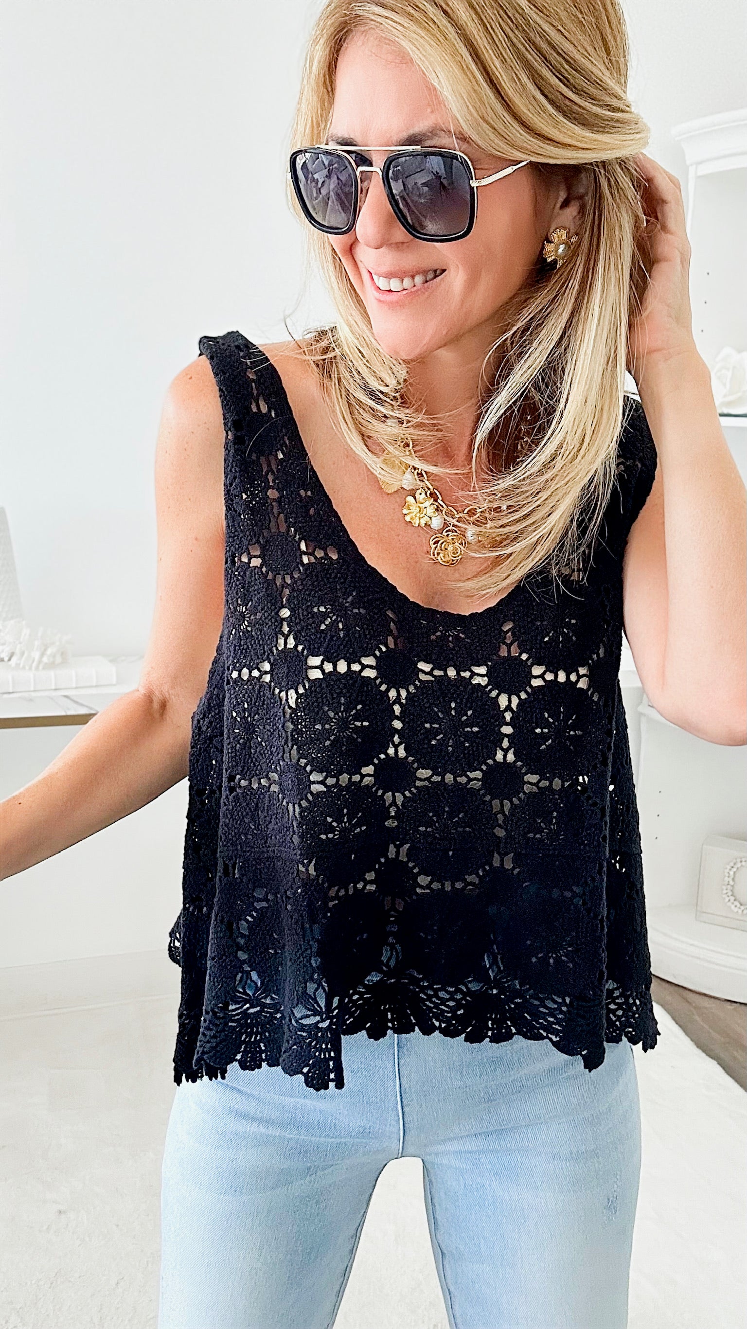 Crochet Tank Top - Black-100 Sleeveless Tops-ADORA-Coastal Bloom Boutique, find the trendiest versions of the popular styles and looks Located in Indialantic, FL