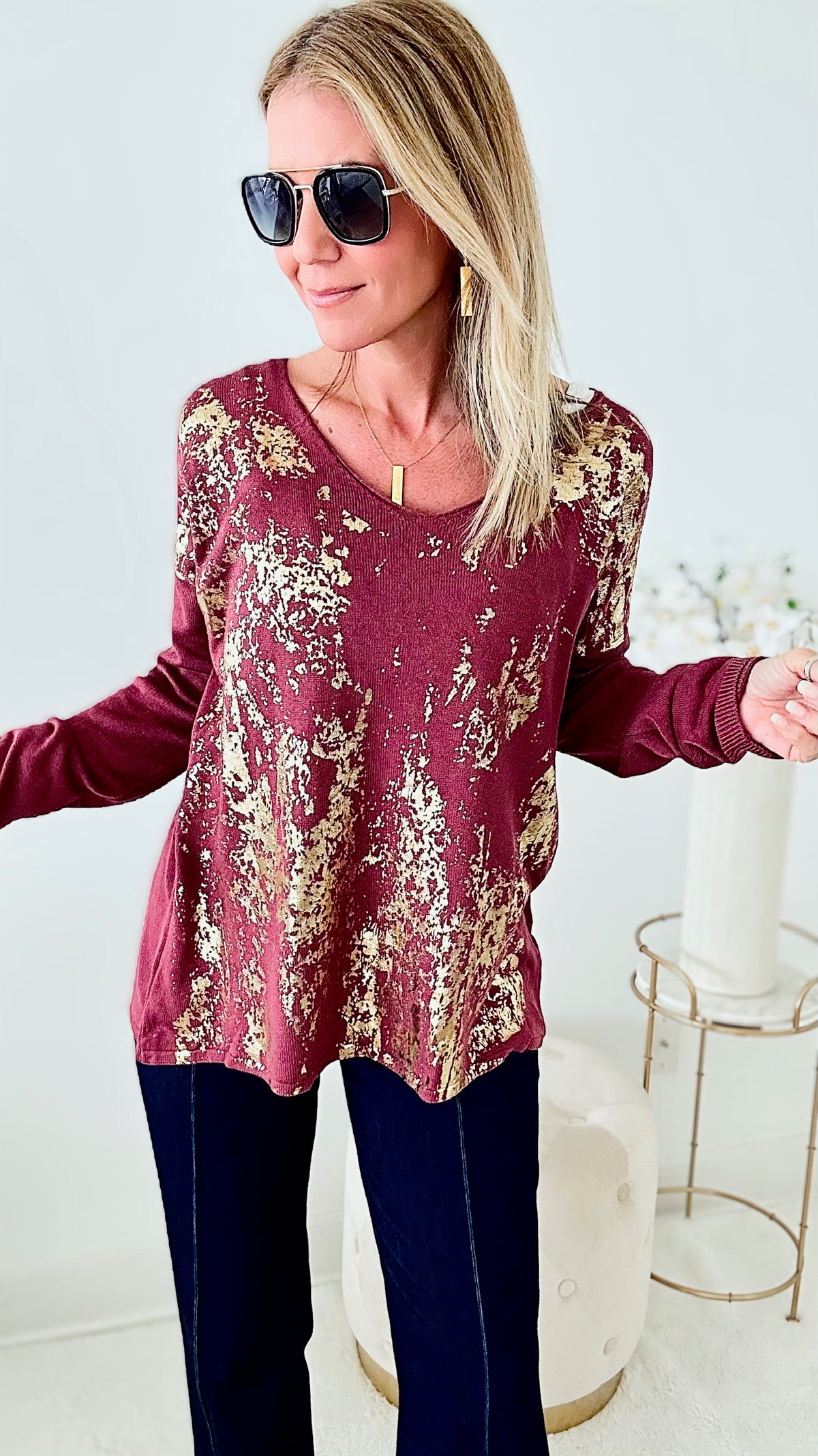 Gold Foil V-Neck Italian Sweater - Wine-140 Sweaters-Look Mode-Coastal Bloom Boutique, find the trendiest versions of the popular styles and looks Located in Indialantic, FL