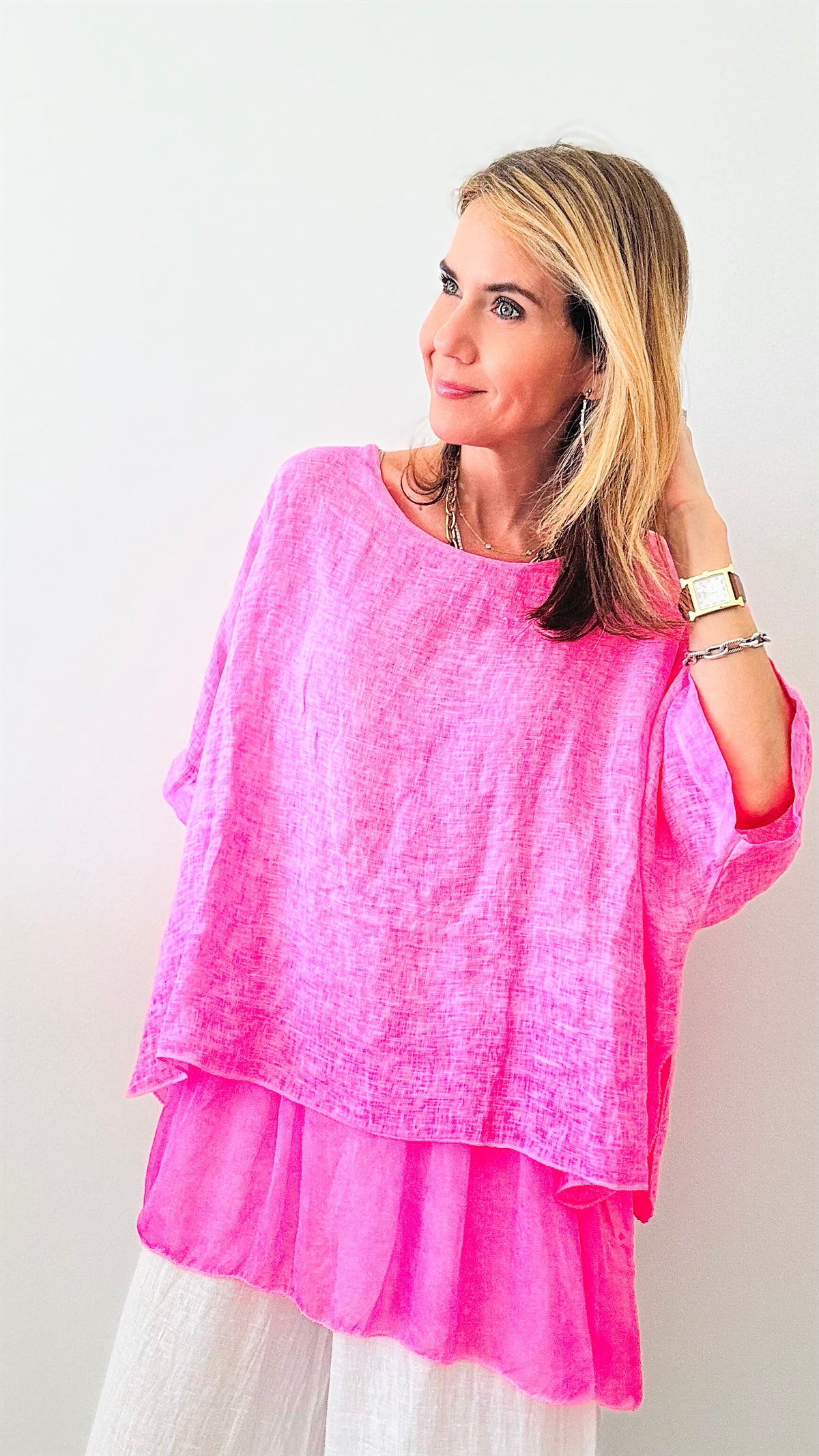 Linen Ruffle Italian Top - Neon Pink-110 Short Sleeve Tops-Italianissimo-Coastal Bloom Boutique, find the trendiest versions of the popular styles and looks Located in Indialantic, FL