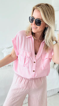 Mattawa Button Front Top - Pink-110 Short Sleeve Tops-Love Tree Fashion-Coastal Bloom Boutique, find the trendiest versions of the popular styles and looks Located in Indialantic, FL