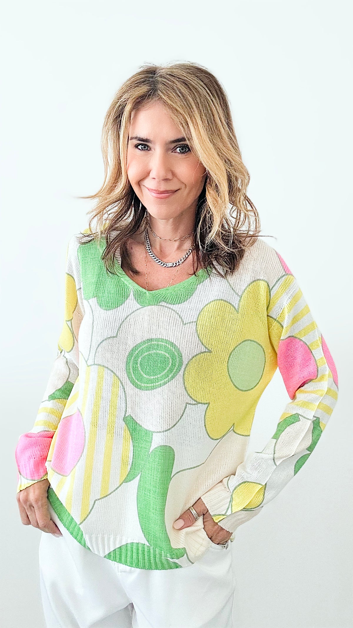 Floral Printed V-Neck Italian Knit - Multi Color-140 Sweaters-Venti6-Coastal Bloom Boutique, find the trendiest versions of the popular styles and looks Located in Indialantic, FL