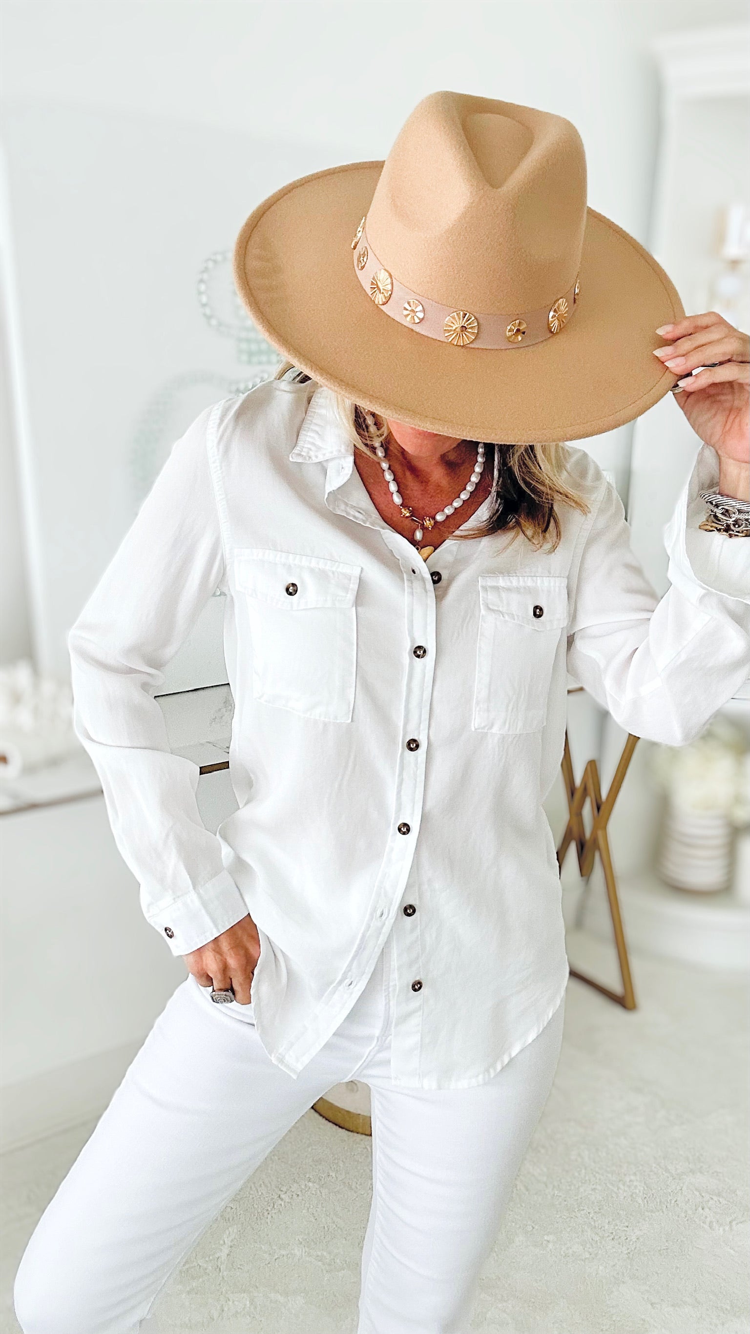 Double Pocket Blouse - White-130 Long Sleeve Tops-Love Tree Fashion-Coastal Bloom Boutique, find the trendiest versions of the popular styles and looks Located in Indialantic, FL