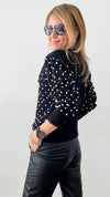 Princess Bow Pearl Sweater - Black-130 Long Sleeve Tops-BIBI-Coastal Bloom Boutique, find the trendiest versions of the popular styles and looks Located in Indialantic, FL