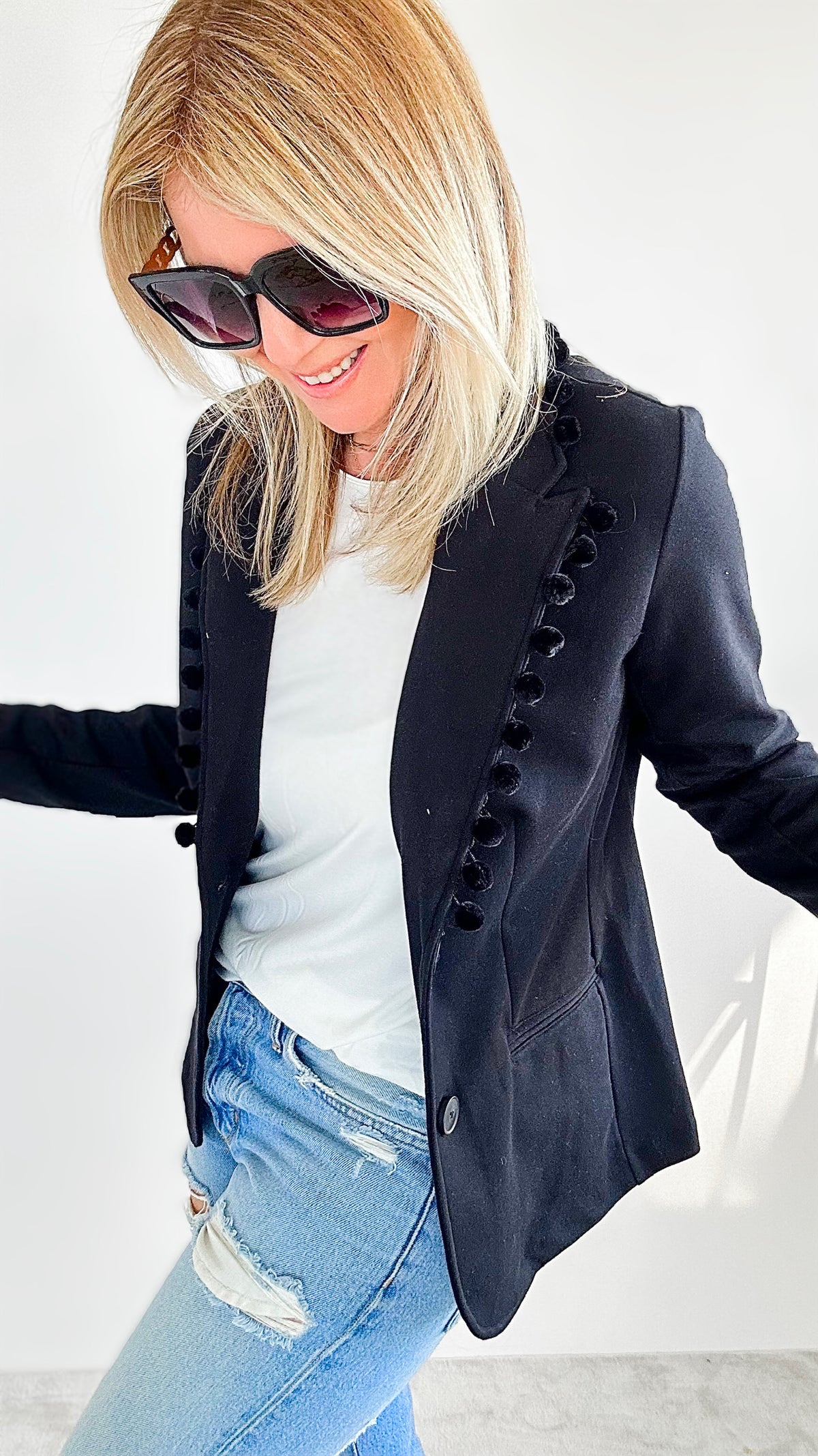 Pom Pom Blazer - Black-160 Jackets-Pearly Vine-Coastal Bloom Boutique, find the trendiest versions of the popular styles and looks Located in Indialantic, FL