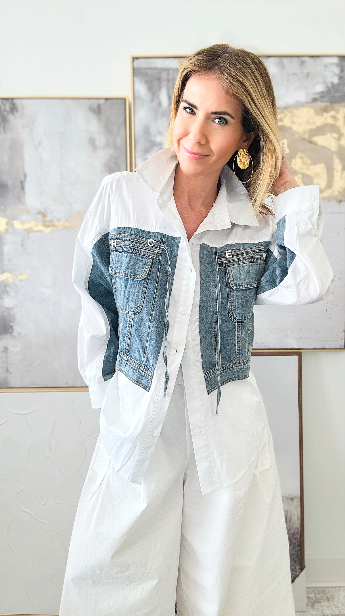 Buttoned-Up Denim-Detailed Long Sleeved Blouse-130 Long Sleeve Tops-LA ROS-Coastal Bloom Boutique, find the trendiest versions of the popular styles and looks Located in Indialantic, FL