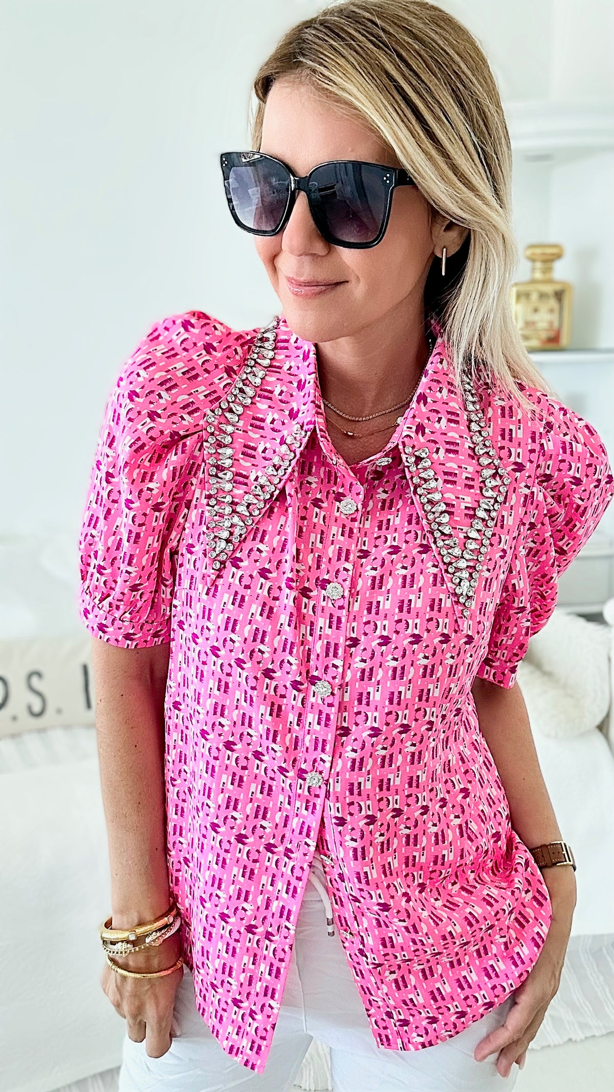Pink Embellished Button Up Blouse - Pink-110 short Sleeve Top-LA' ROS-Coastal Bloom Boutique, find the trendiest versions of the popular styles and looks Located in Indialantic, FL
