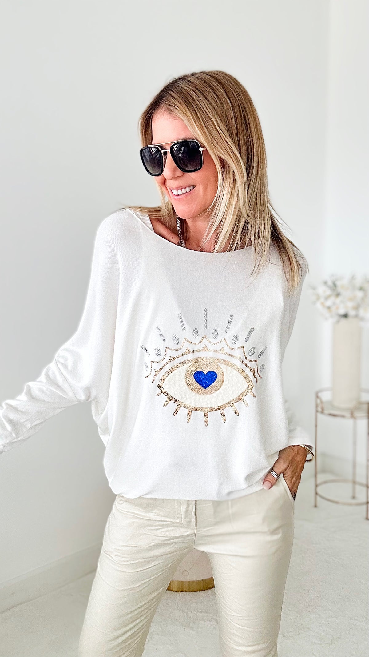 Eye of Love Italian Knit Pullover - Ivory-140 Sweaters-Yolly-Coastal Bloom Boutique, find the trendiest versions of the popular styles and looks Located in Indialantic, FL
