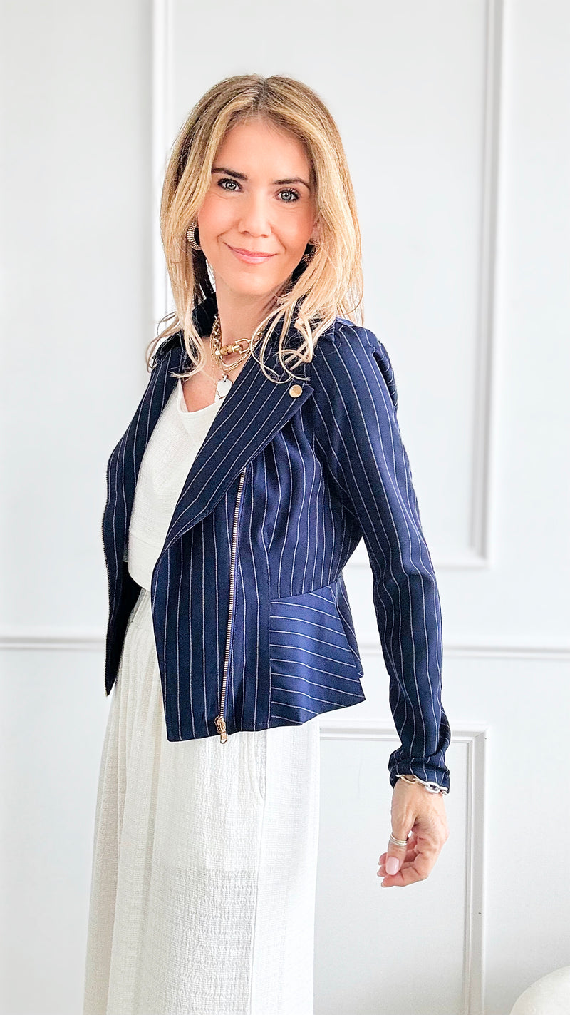 Striped Zipper Short Blazer Jacket - Navy-160 Jackets-Michel-Coastal Bloom Boutique, find the trendiest versions of the popular styles and looks Located in Indialantic, FL