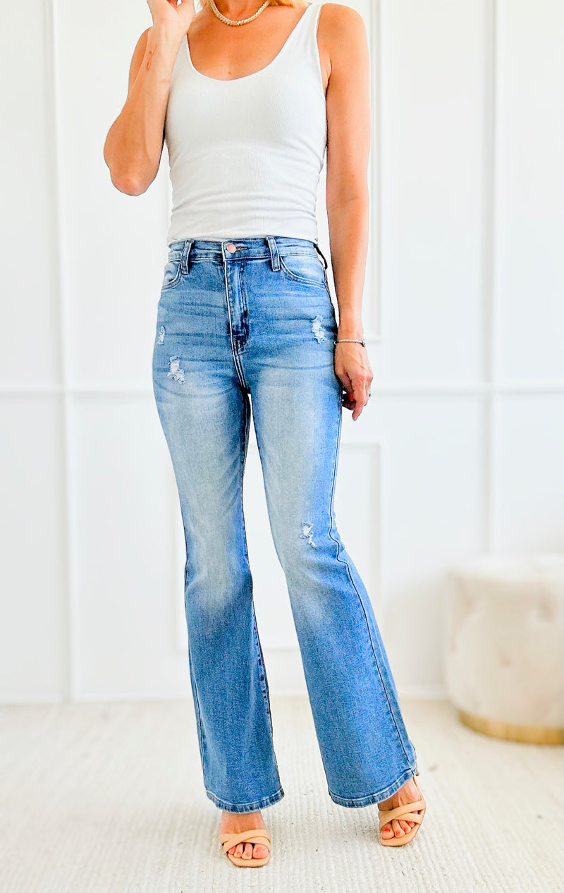 Groovy High Waisted Flare Jeans-190 Denim-Vibrant M.i.U-Coastal Bloom Boutique, find the trendiest versions of the popular styles and looks Located in Indialantic, FL