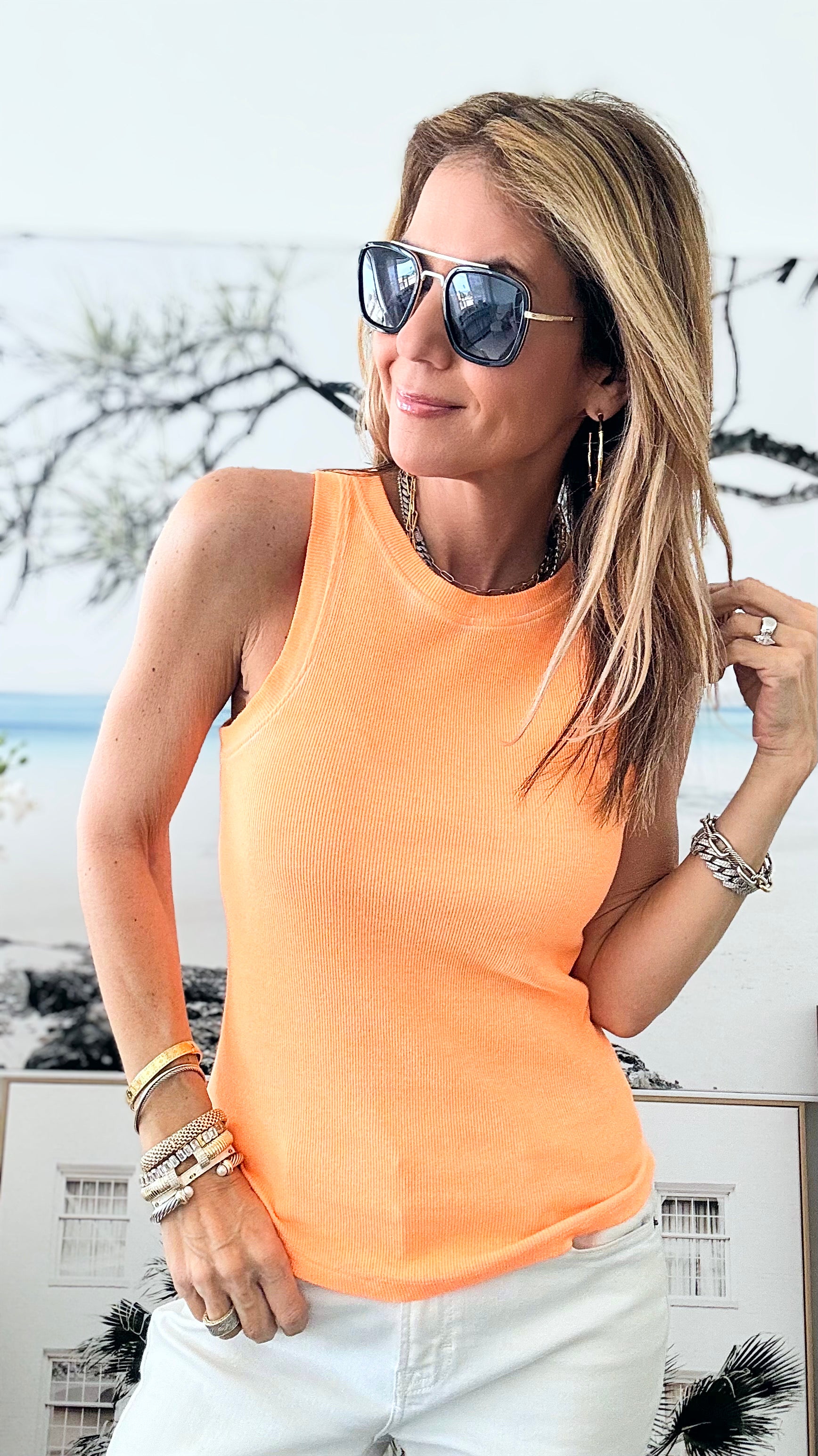 Sunburst Glow Italian Tank - Neon Orange - DAMAGED-100 Sleeveless Tops-Germany-Coastal Bloom Boutique, find the trendiest versions of the popular styles and looks Located in Indialantic, FL