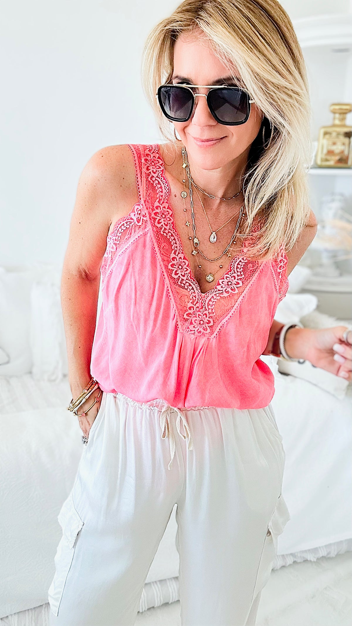 Italian Elegant Lace Trim Cami -Coral-100 Sleeveless Tops-Yolly-Coastal Bloom Boutique, find the trendiest versions of the popular styles and looks Located in Indialantic, FL