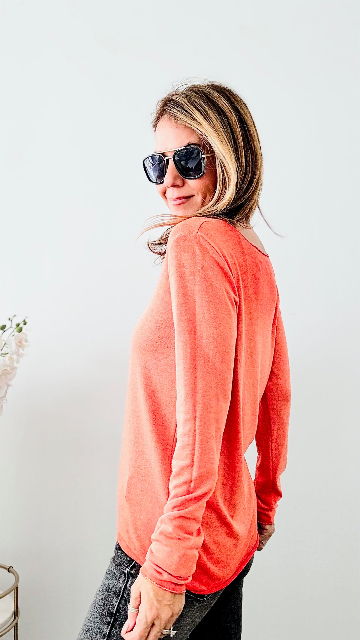 Recoleta Lurex Trim Italian Top- Orange-130 Long Sleeve Tops-Italianissimo-Coastal Bloom Boutique, find the trendiest versions of the popular styles and looks Located in Indialantic, FL