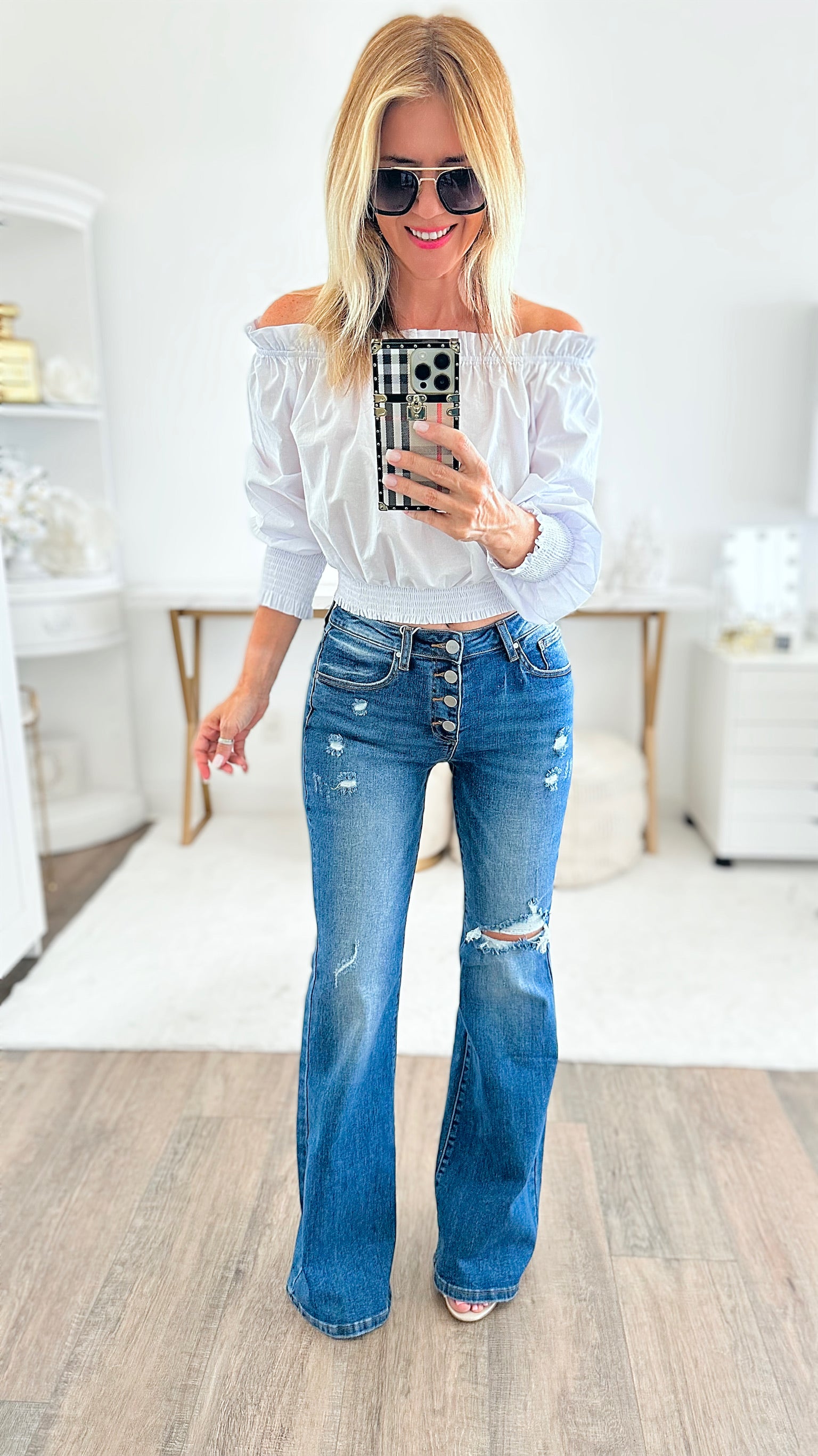 Mid Rise Flare Button Down Jeans - Dark-170 Bottoms-RISEN JEANS-Coastal Bloom Boutique, find the trendiest versions of the popular styles and looks Located in Indialantic, FL